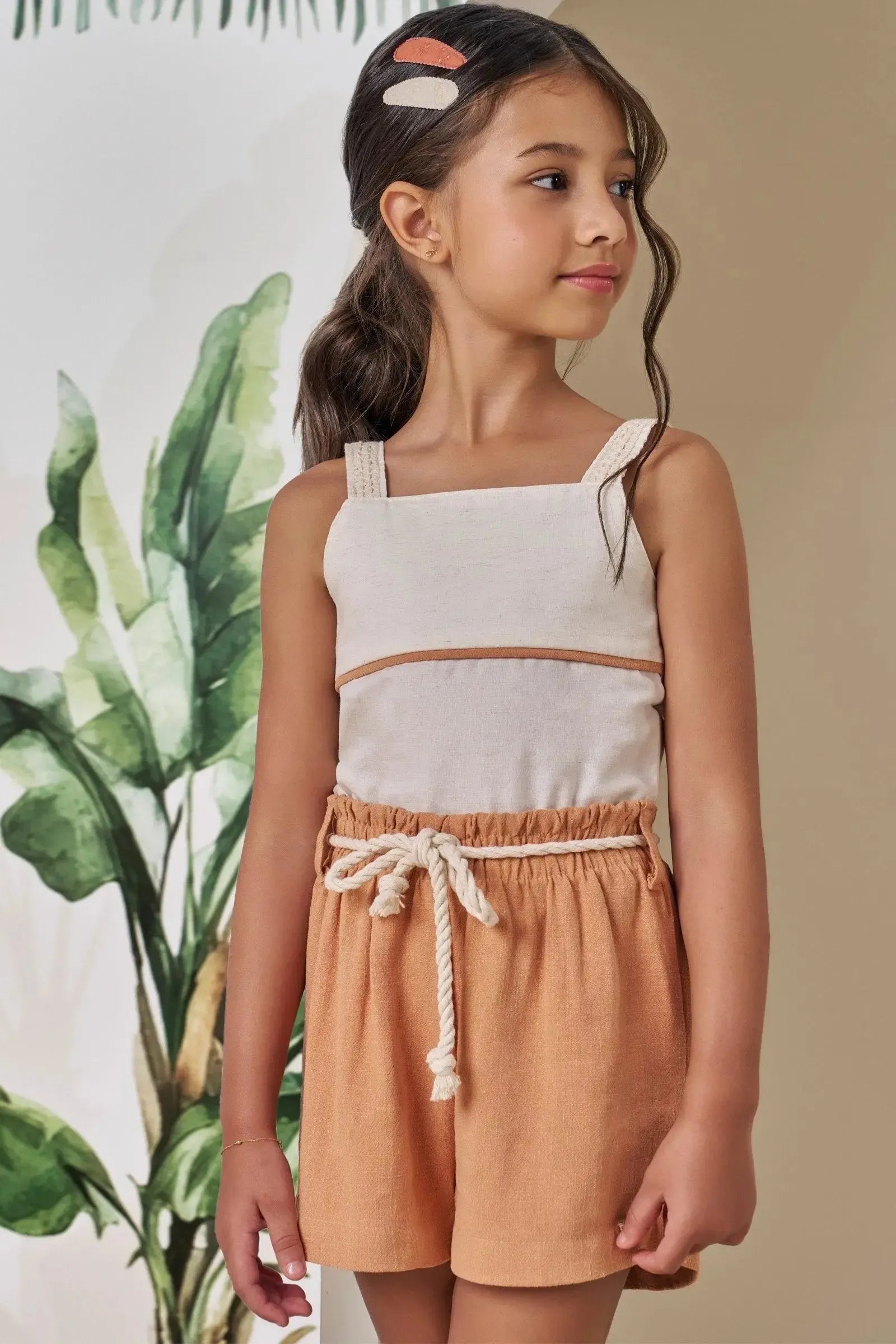 Conjunto de Blusa Boxy em Linho Deluxe e Shorts em Blend de Linho 86529 Infanti Infantil Menina