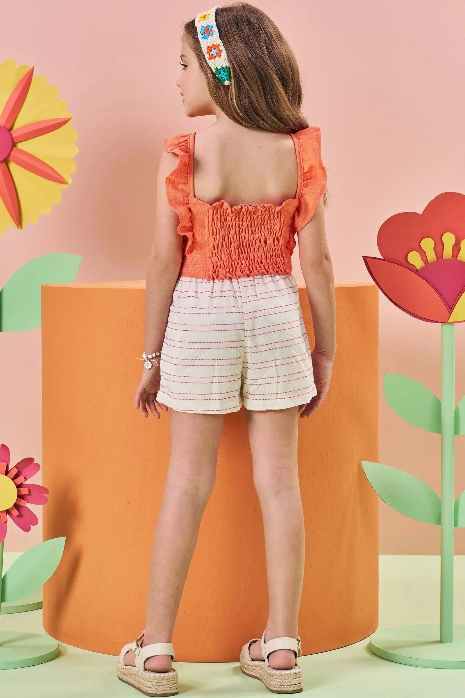 Conjunto de Blusa Boxy em Linho Rajado e Shorts em Blend de Viscose 84506 Kukiê Infantil Menina