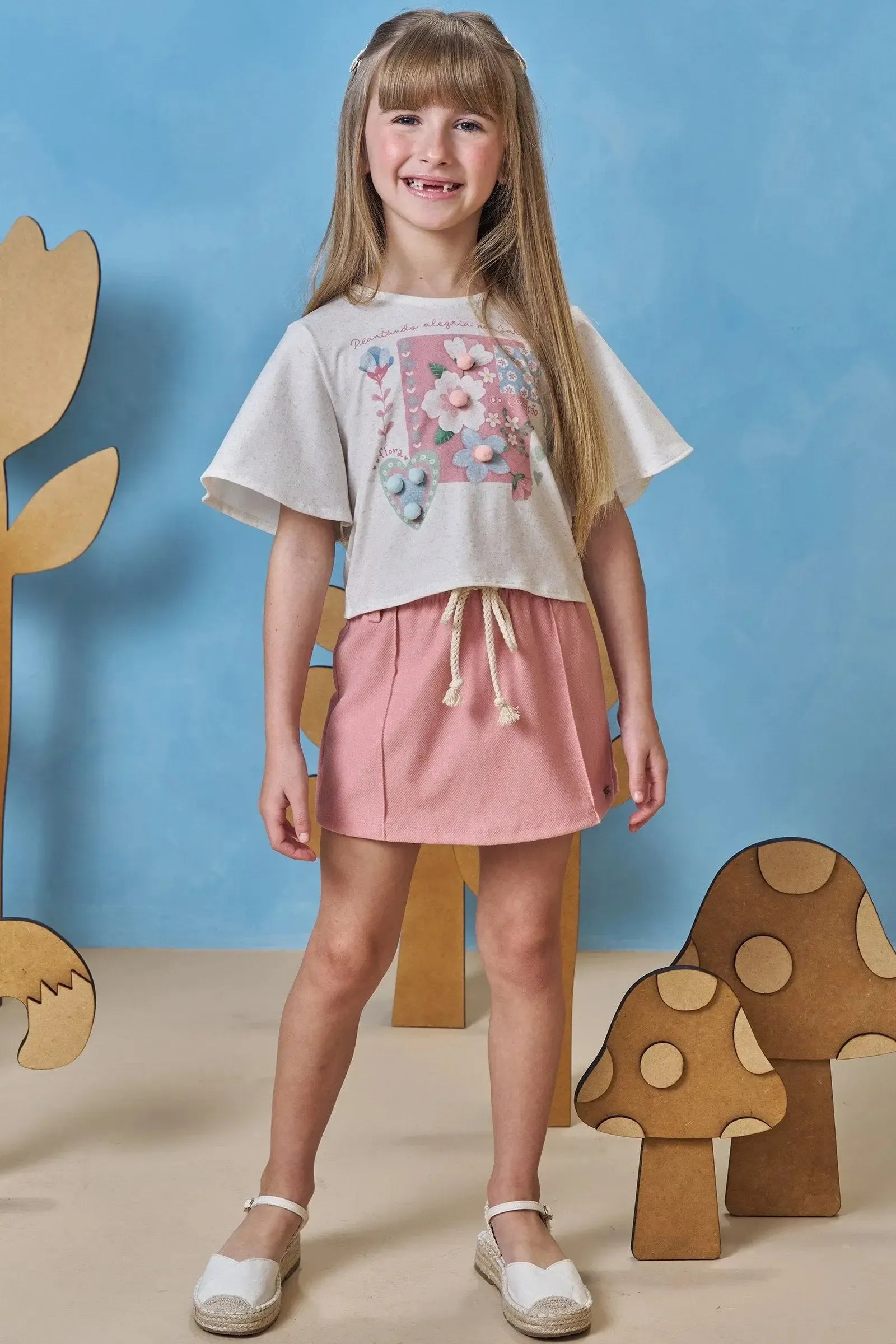 Conjunto de Blusa Boxy em Malha Fresh com Short Saia em Cotton Jeans 93389 Infanti Infantil Menina