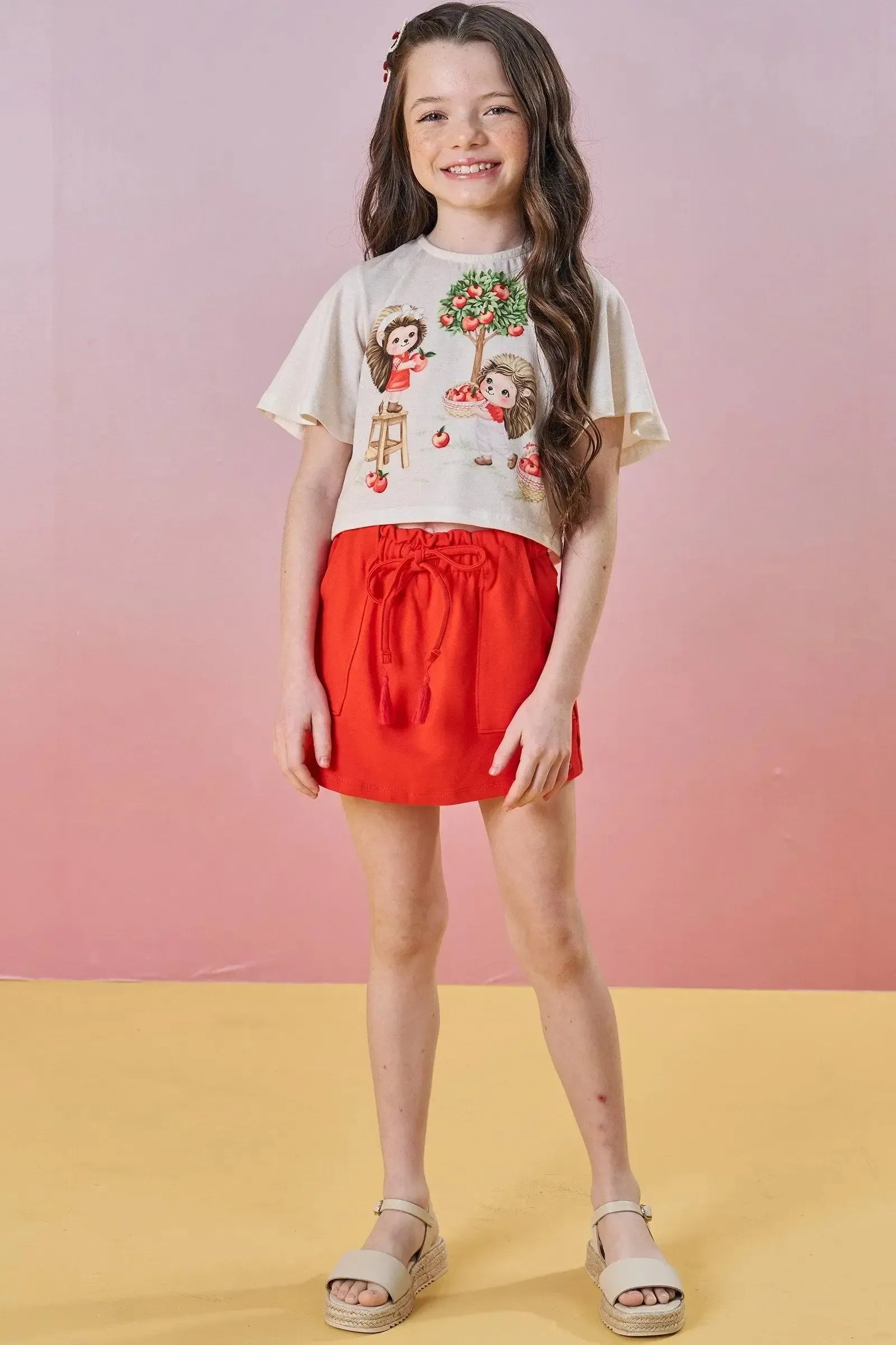 Conjunto de Blusa Boxy em Malha Fresh com Short Saia em Molevisco 85218 Infanti Infantil Menina