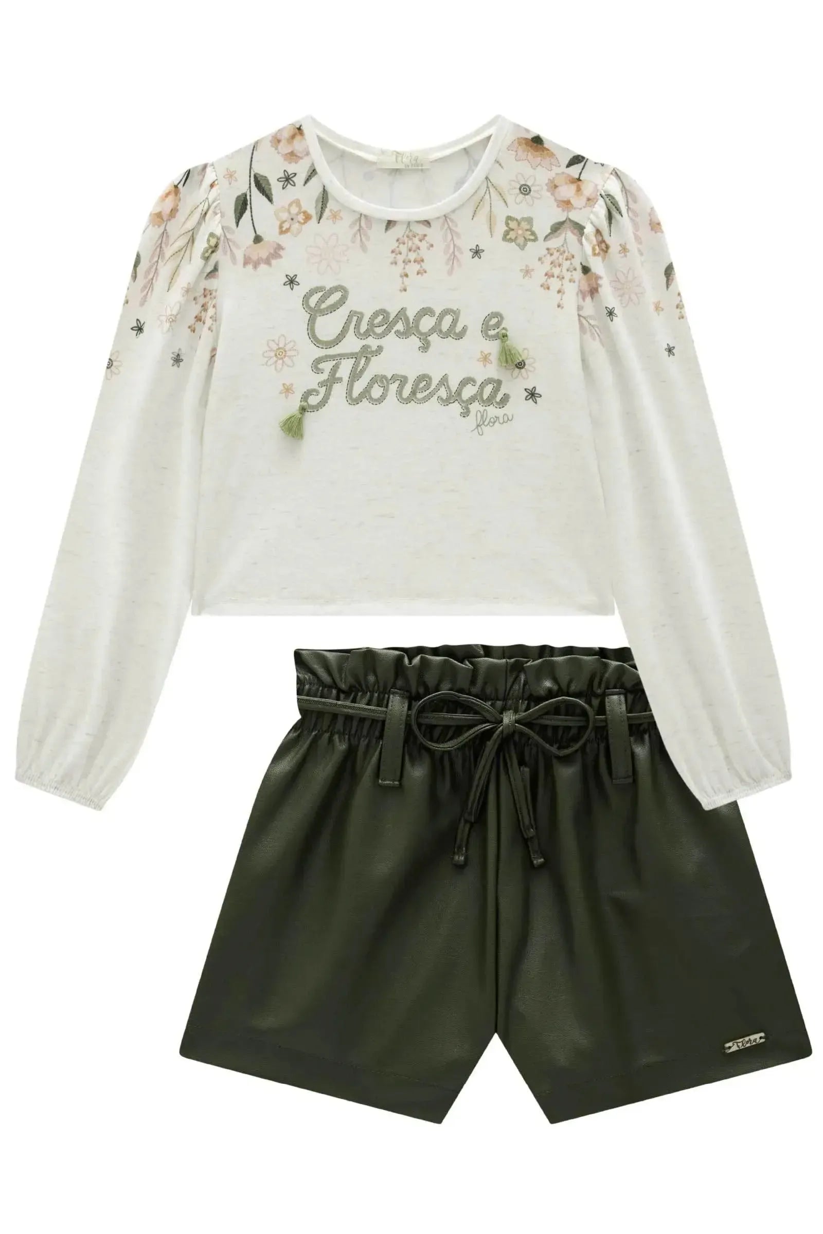 Conjunto de Blusa Boxy em Malha Fresh e Shorts em Couro Sintético 90496 Infanti Infantil Menina
