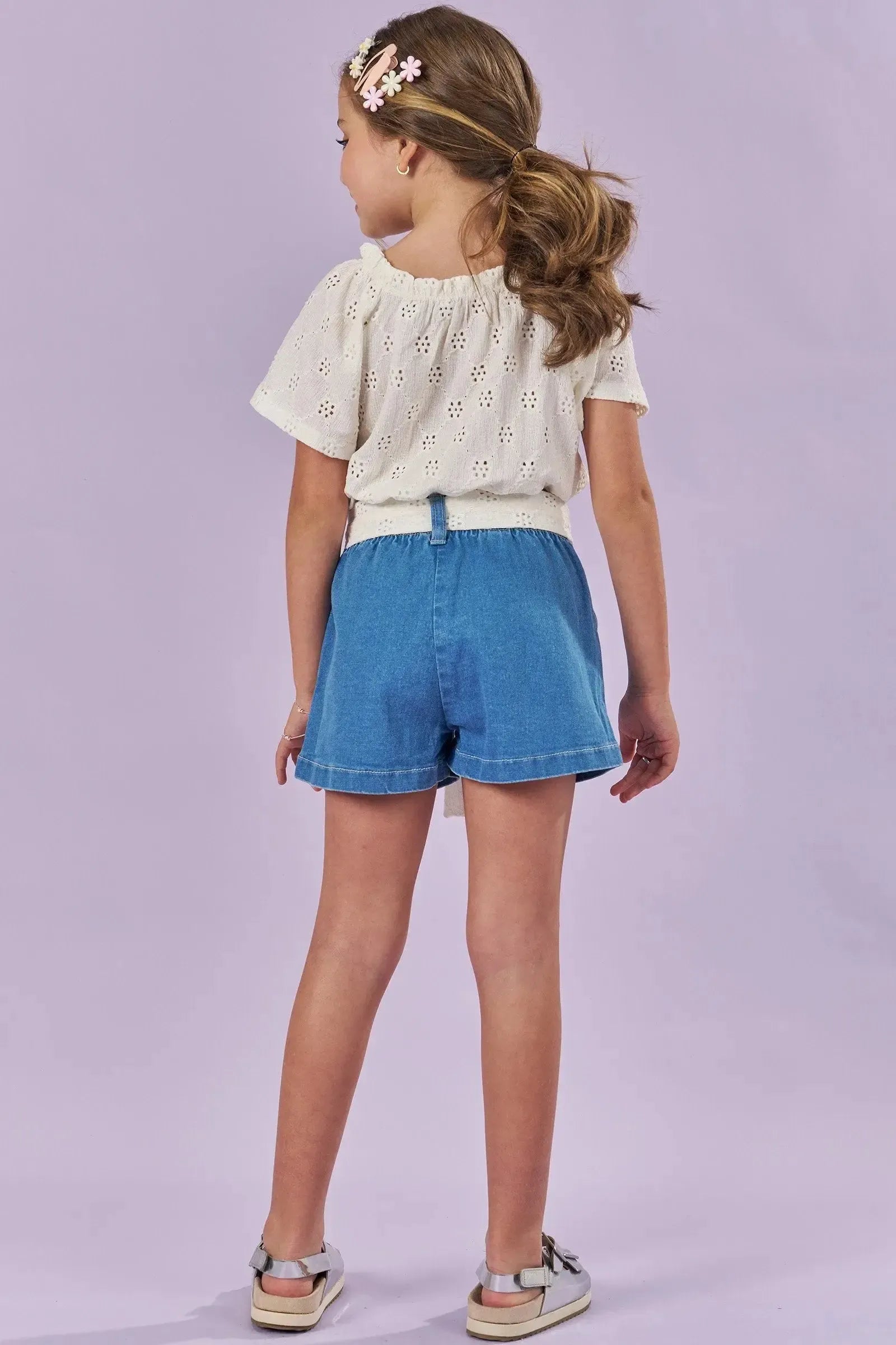 Conjunto de Blusa Boxy em Malha Laise e Shorts em Jeans com Elastano 86760 Kukiê Infantil Menina