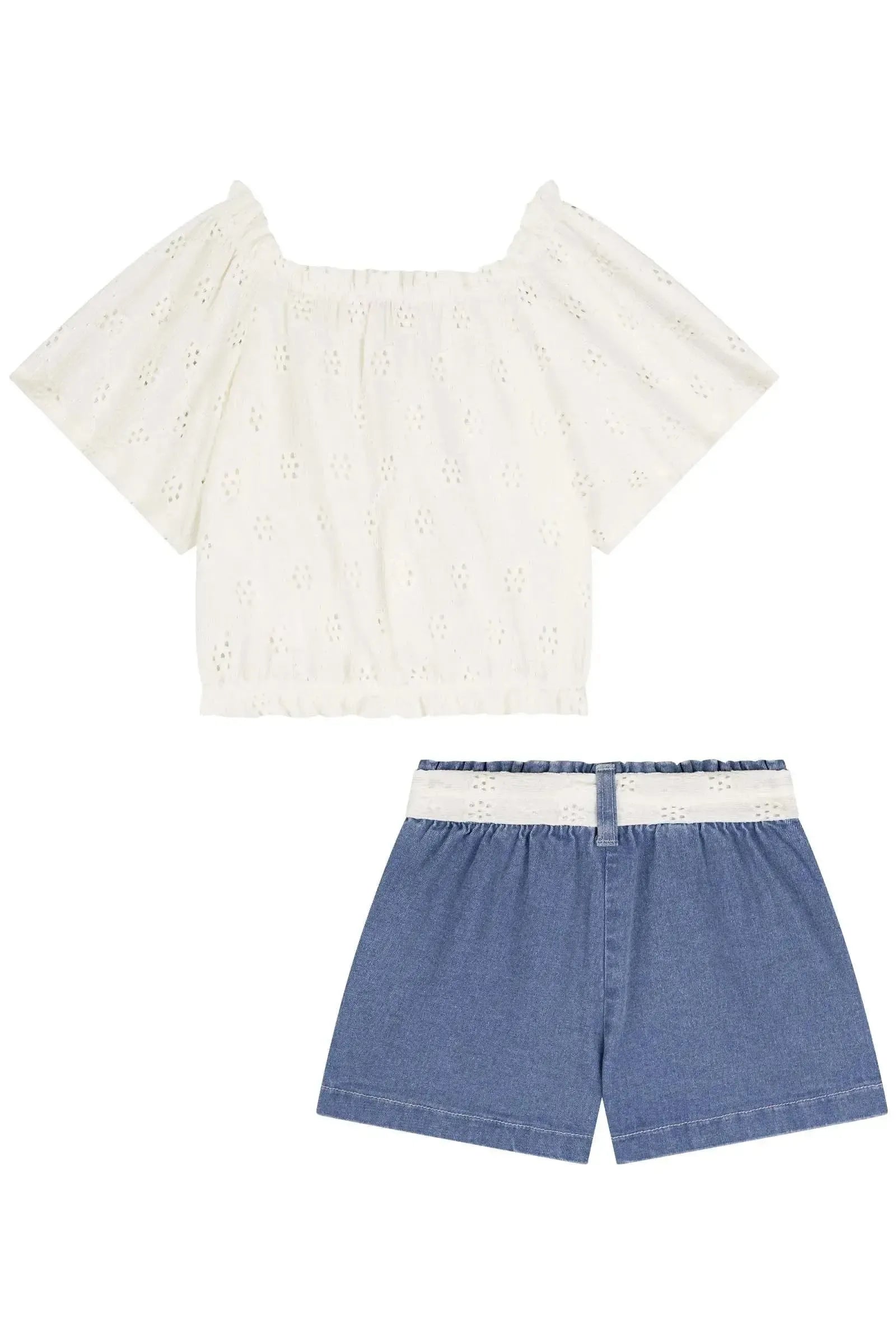 Conjunto de Blusa Boxy em Malha Laise e Shorts em Jeans com Elastano 86760 Kukiê Infantil Menina
