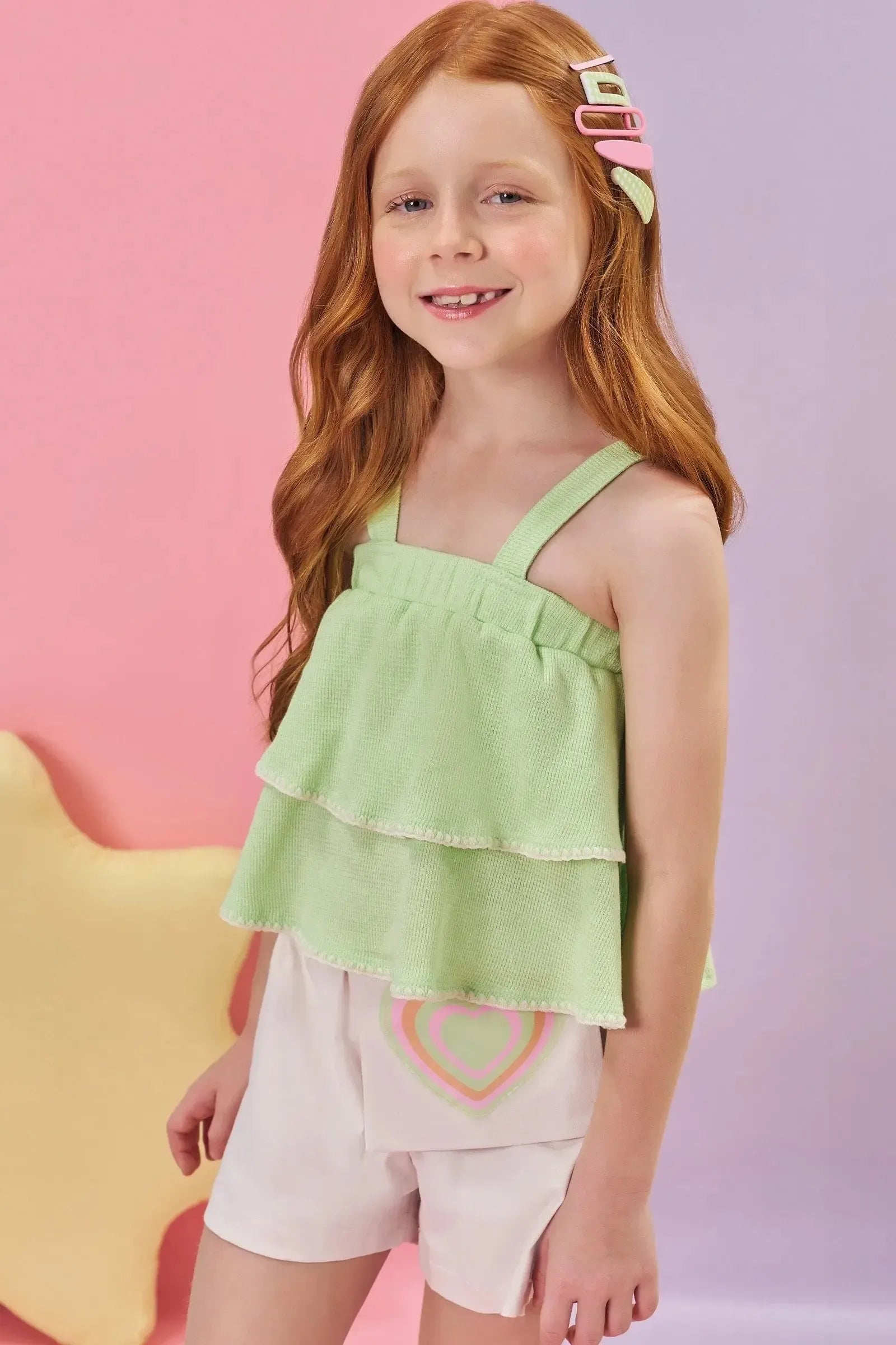 Conjunto de Blusa Boxy em Malha Little Waffle e Shorts em Sarja com Elastano 85799 Kukiê Infantil Menina