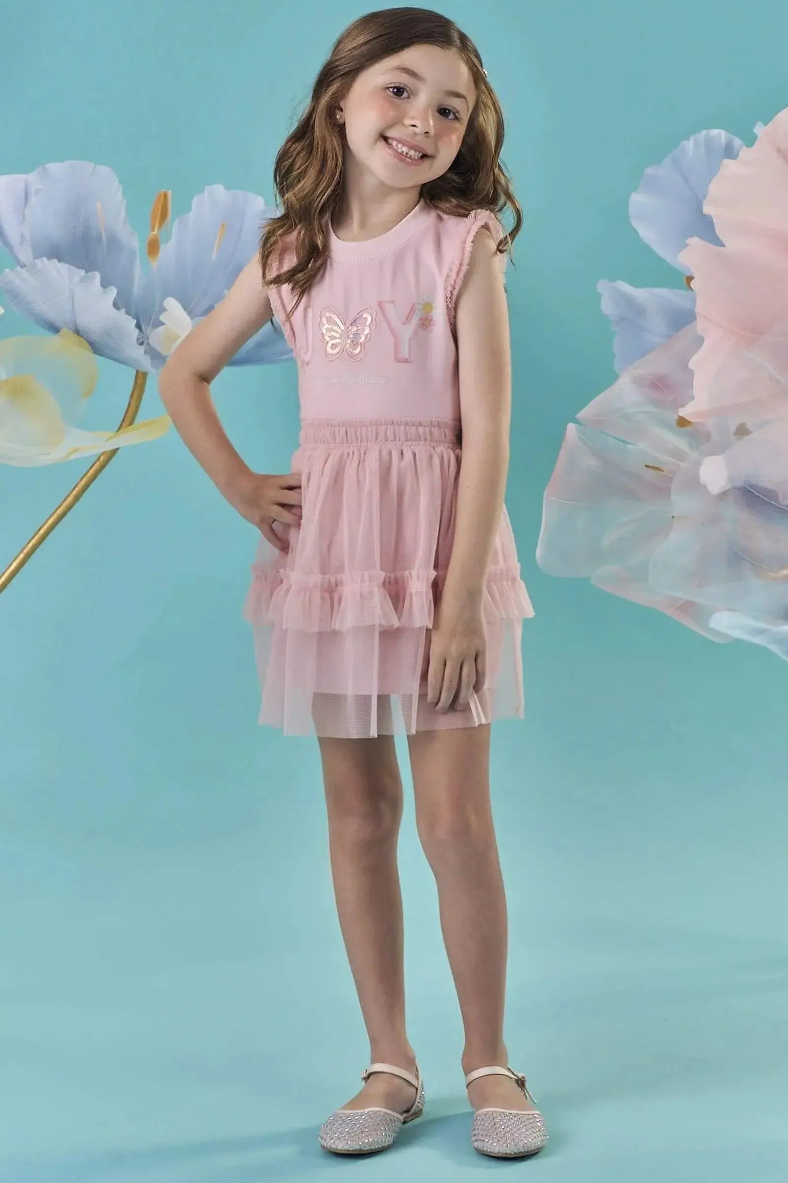 Conjunto de Blusa Boxy em Malha Power e Saia em Tule com Elastano com Shorts Embutido 87355 Kukiê Infantil Menina