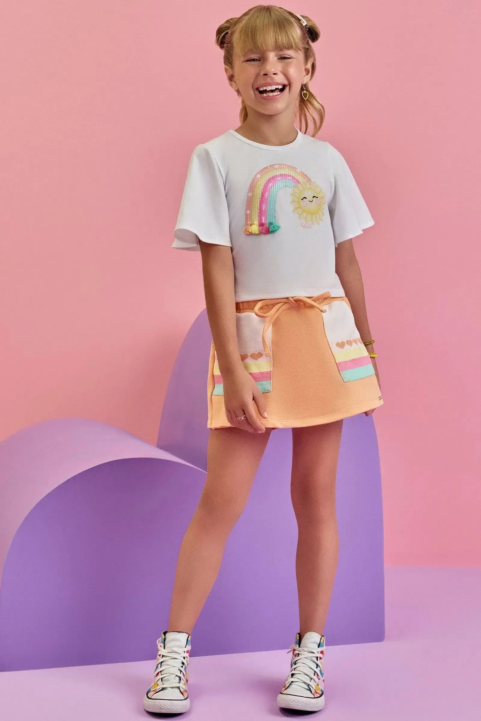 Conjunto de Blusa Boxy em Malha Power e Short Saia em Moletom sem Pelúcia 86915 Infanti Infantil Menina