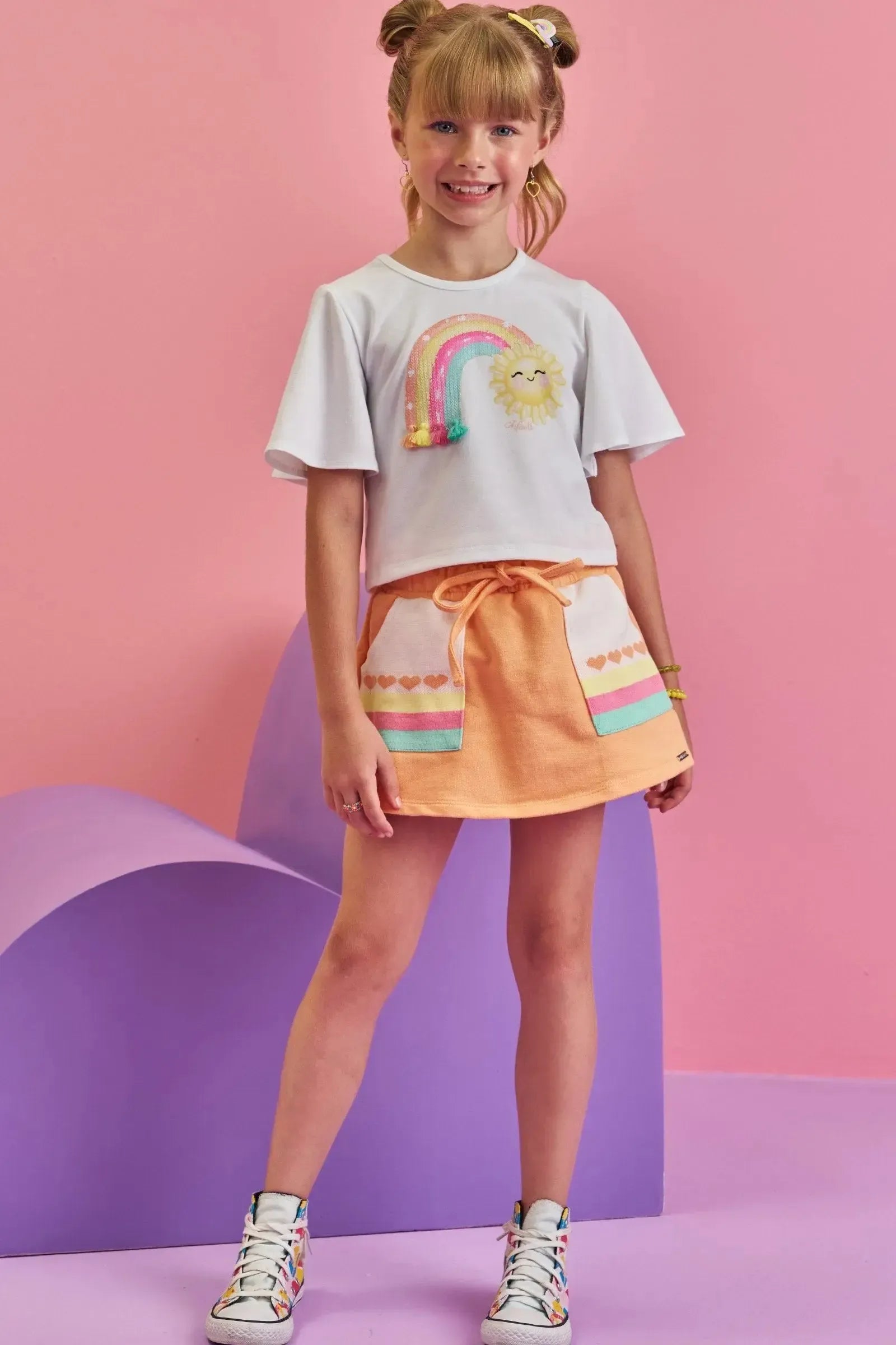 Conjunto de Blusa Boxy em Malha Power e Short Saia em Moletom sem Pelúcia 86915 Infanti Infantil Menina