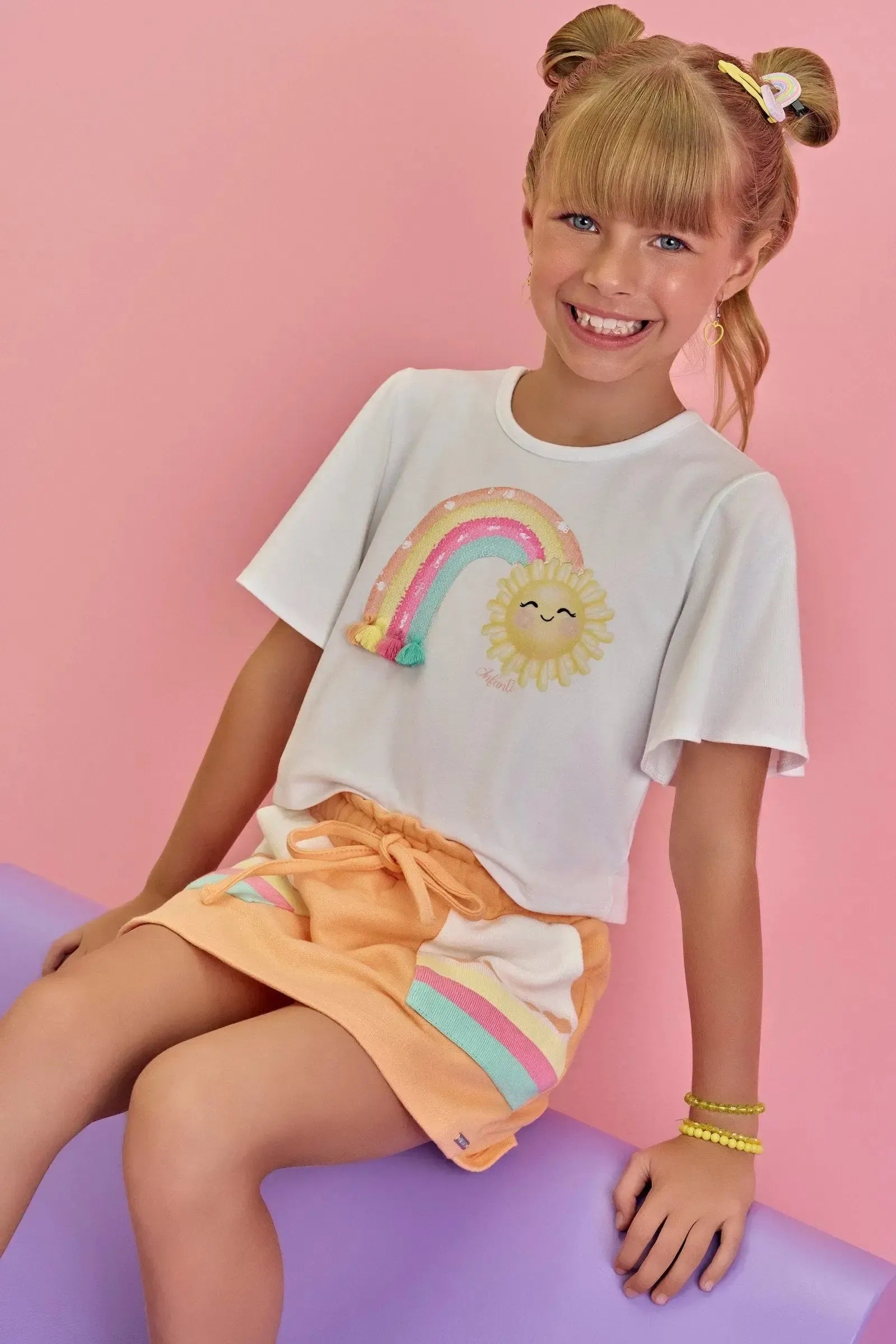 Conjunto de Blusa Boxy em Malha Power e Short Saia em Moletom sem Pelúcia 86915 Infanti Infantil Menina