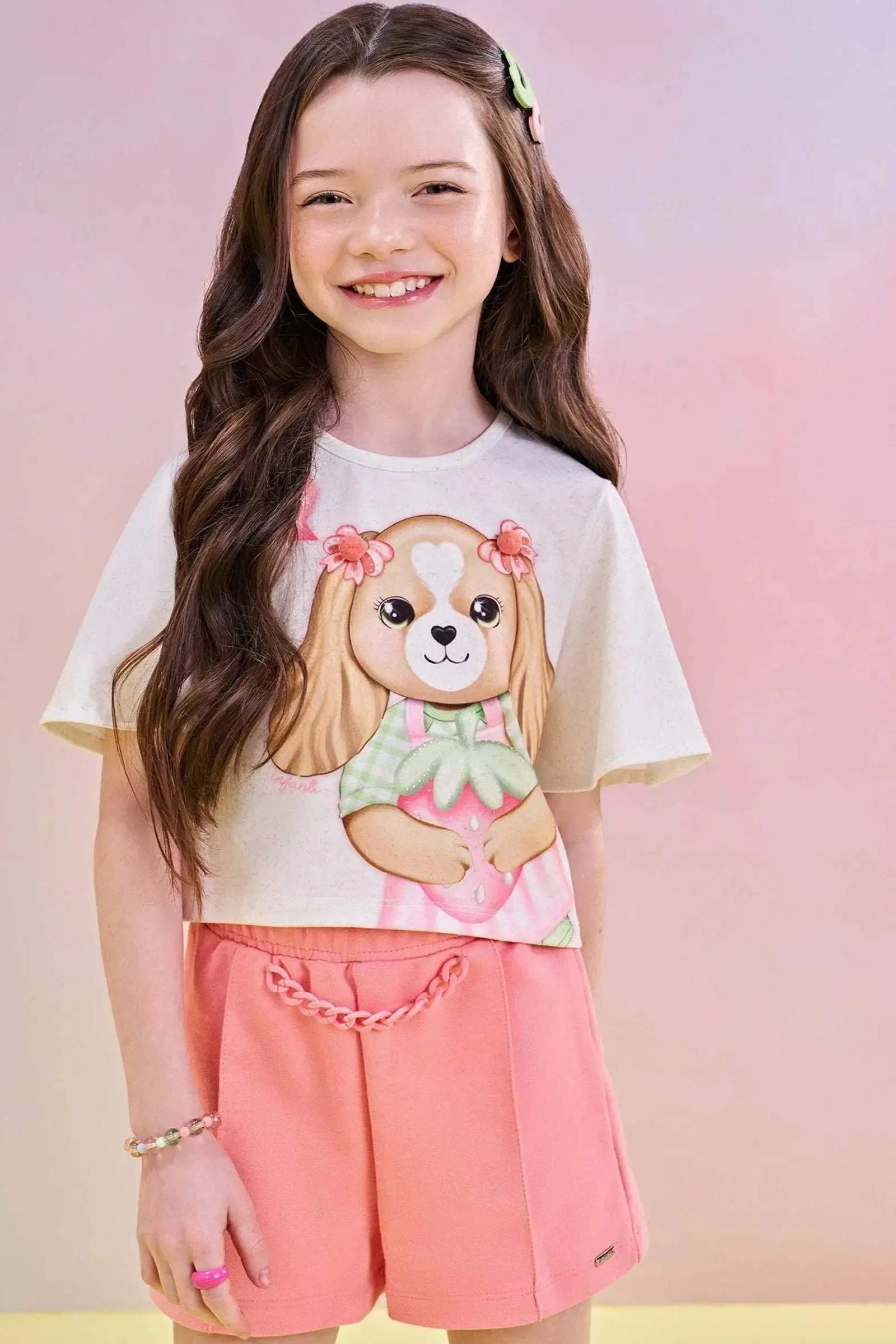 Conjunto de Blusa Boxy em Malha Power e Shorts em Moletom sem Pelúcia 85254 Infanti Infantil Menina