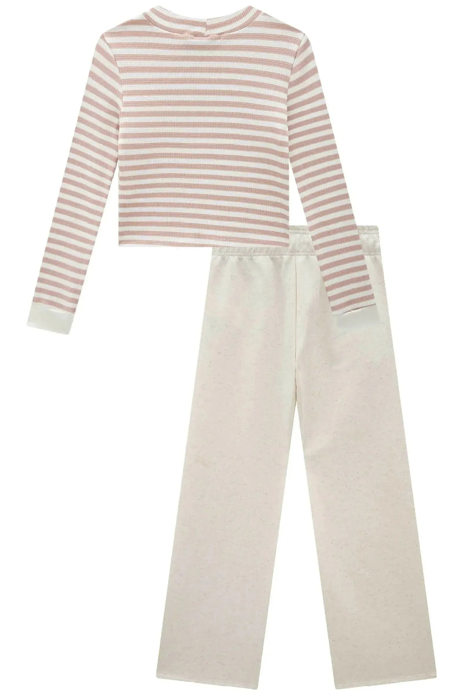 Conjunto de Blusa Boxy em Malha Waflle Listrada e Calça Wide Leg em Moletom sem Pelúcia 91696 Lilimoon Teen Menina