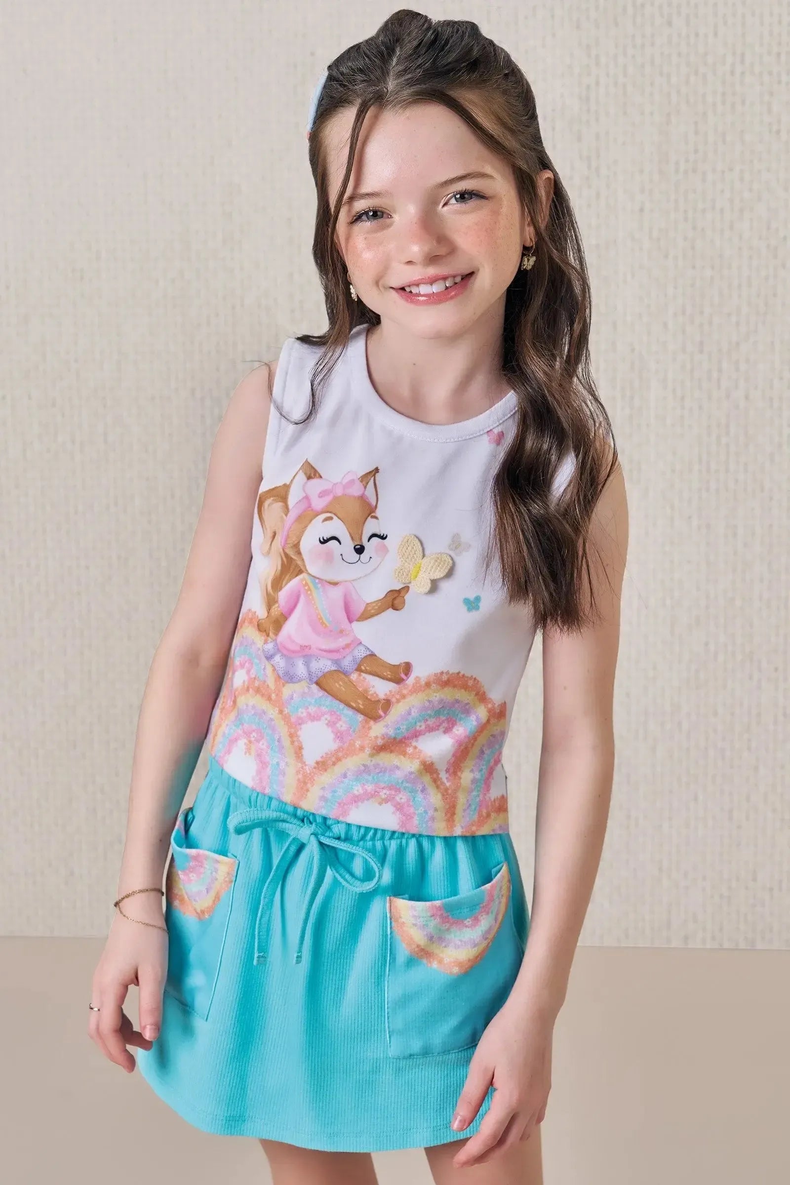 Conjunto de Blusa Boxy em Meia Malha com Short Saia em Canelado Liz 89019 Infanti Infantil Menina