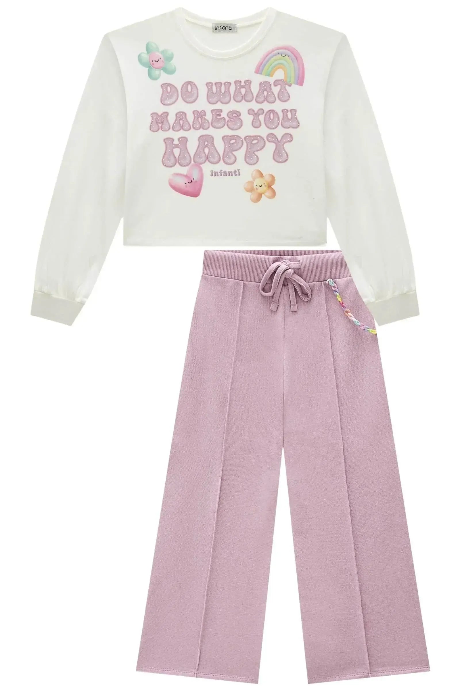 Conjunto de Blusa Boxy em Meia Malha e Calça Wide Leg em Moletom sem Pelúcia 91814 Infanti Infantil Menina