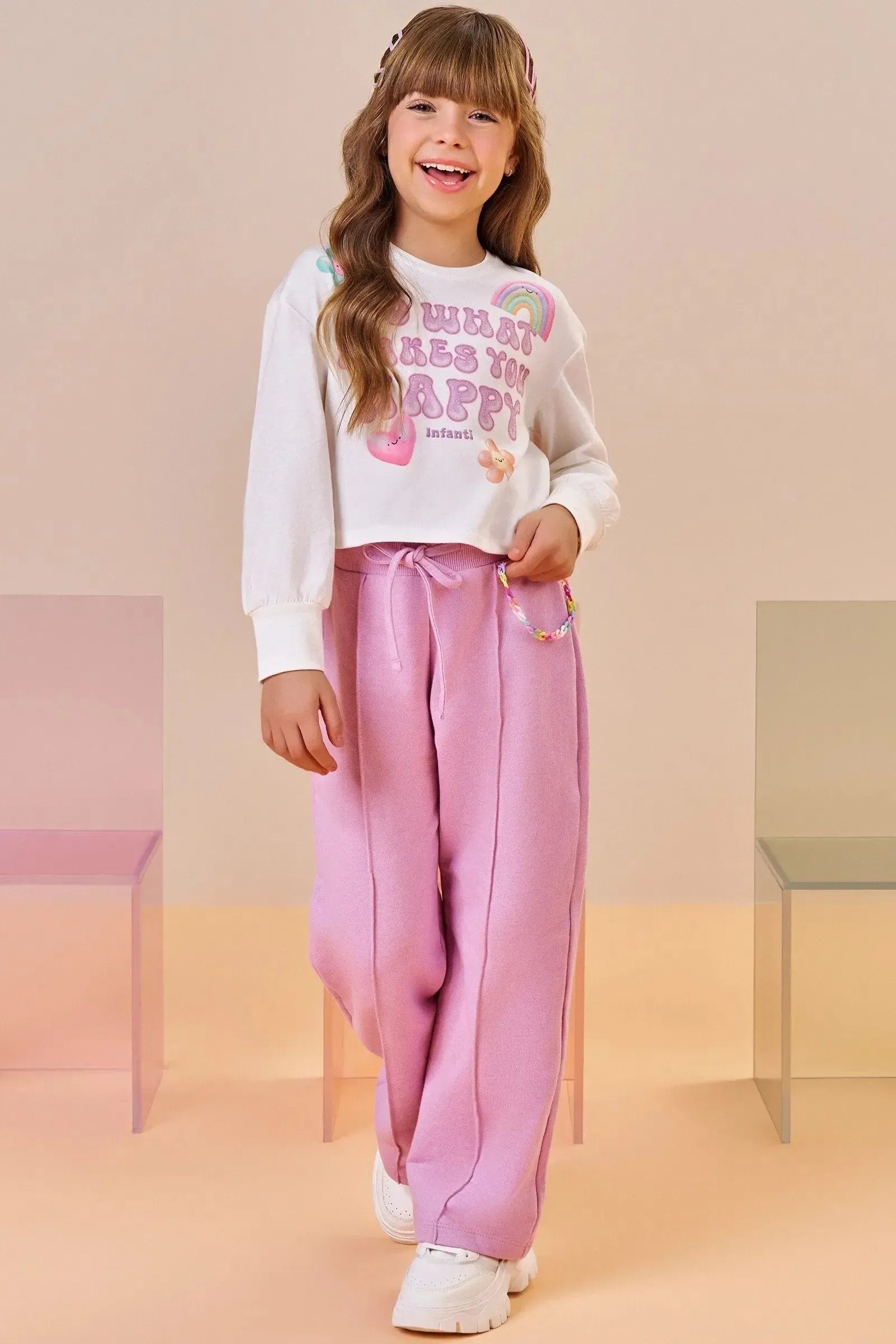 Conjunto de Blusa Boxy em Meia Malha e Calça Wide Leg em Moletom sem Pelúcia 91814 Infanti Infantil Menina