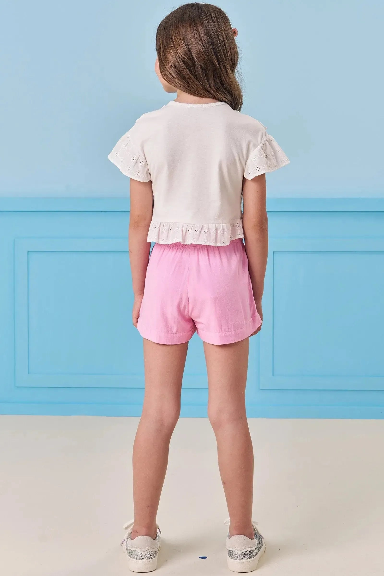 Conjunto de Blusa Boxy em Meia Malha e Laise e Shorts em Viscose Nice 84351 Infanti Infantil Menina