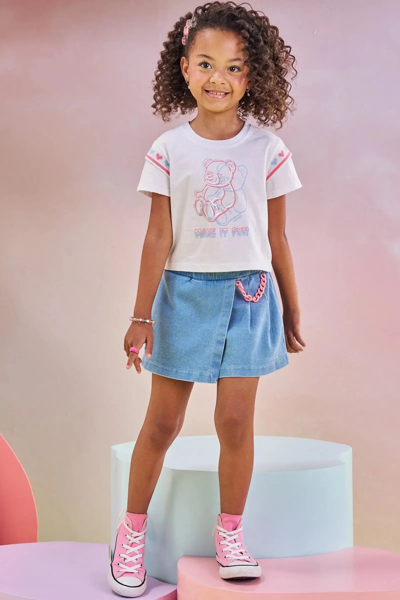 Conjunto de Blusa Boxy em Meia Malha e Short Saia em Jeans com Elastano 83449 Infanti Infantil Menina