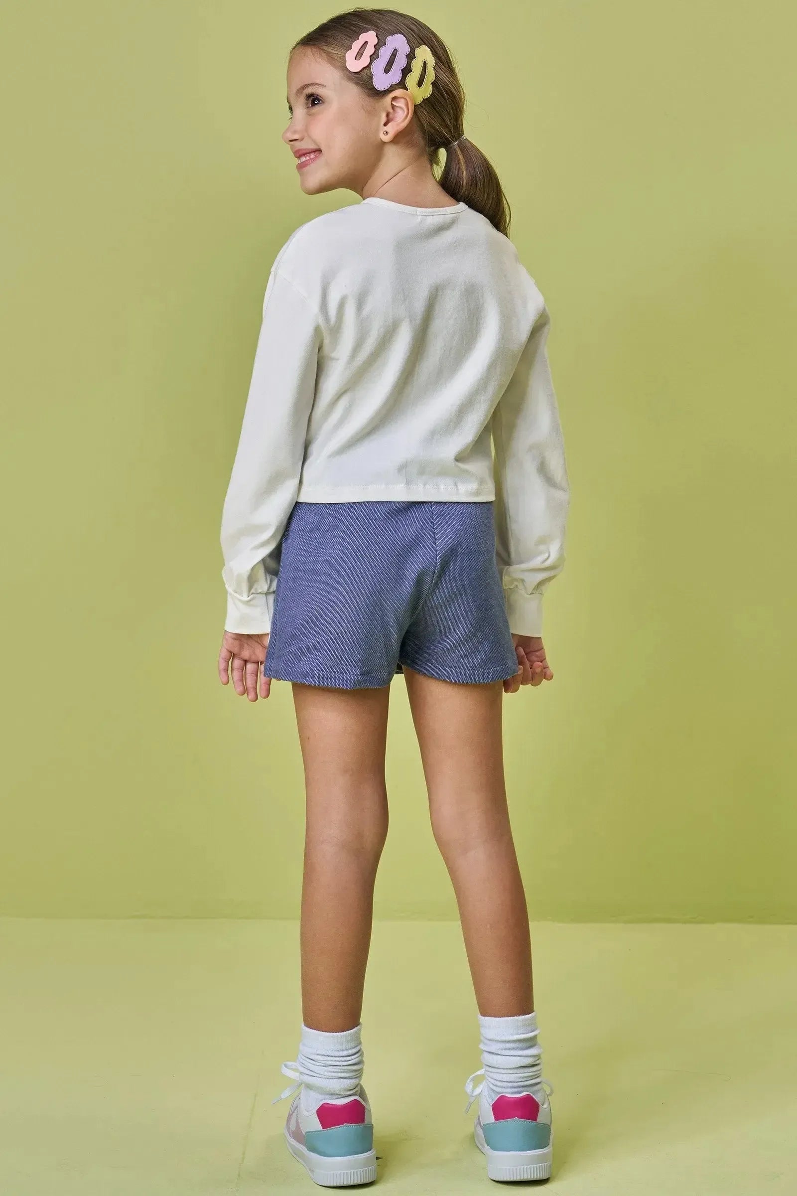 Conjunto de Blusa Boxy em Meia Malha e Short Saia em Malha Denin 90679 Kukiê Infantil Menina