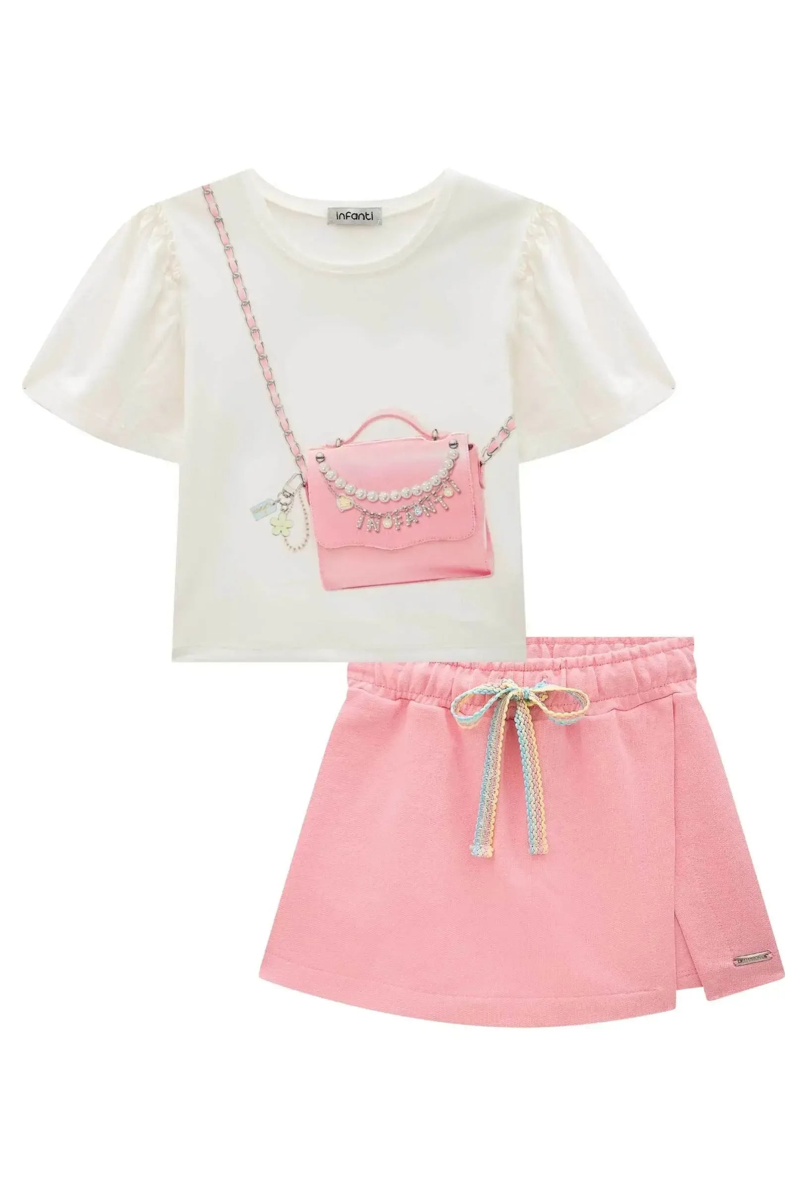 Conjunto de Blusa Boxy em Meia Malha e Short Saia em Moletom sem Pelúcia 87772 Infanti Infantil Menina