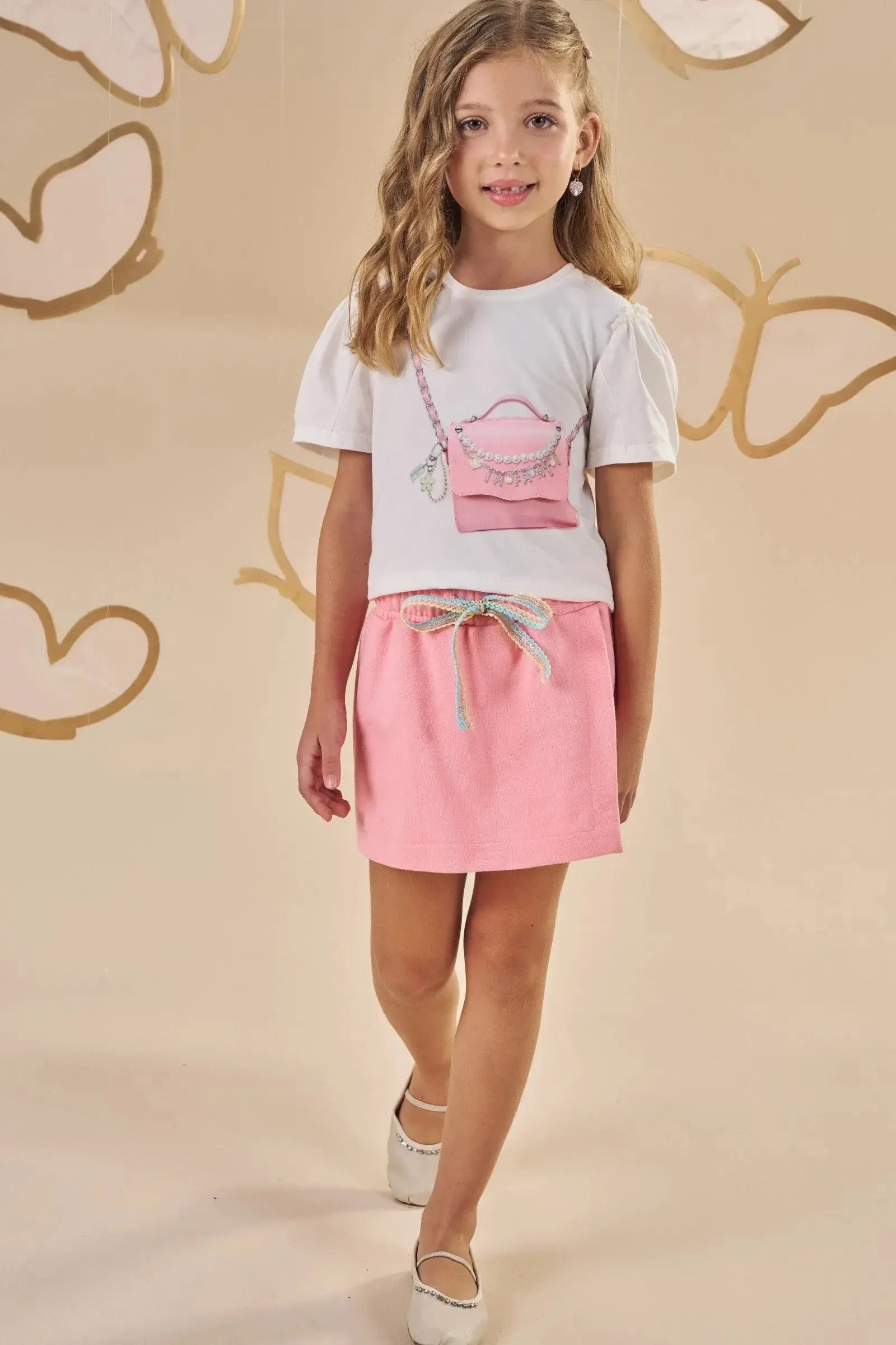 Conjunto de Blusa Boxy em Meia Malha e Short Saia em Moletom sem Pelúcia 87772 Infanti Infantil Menina