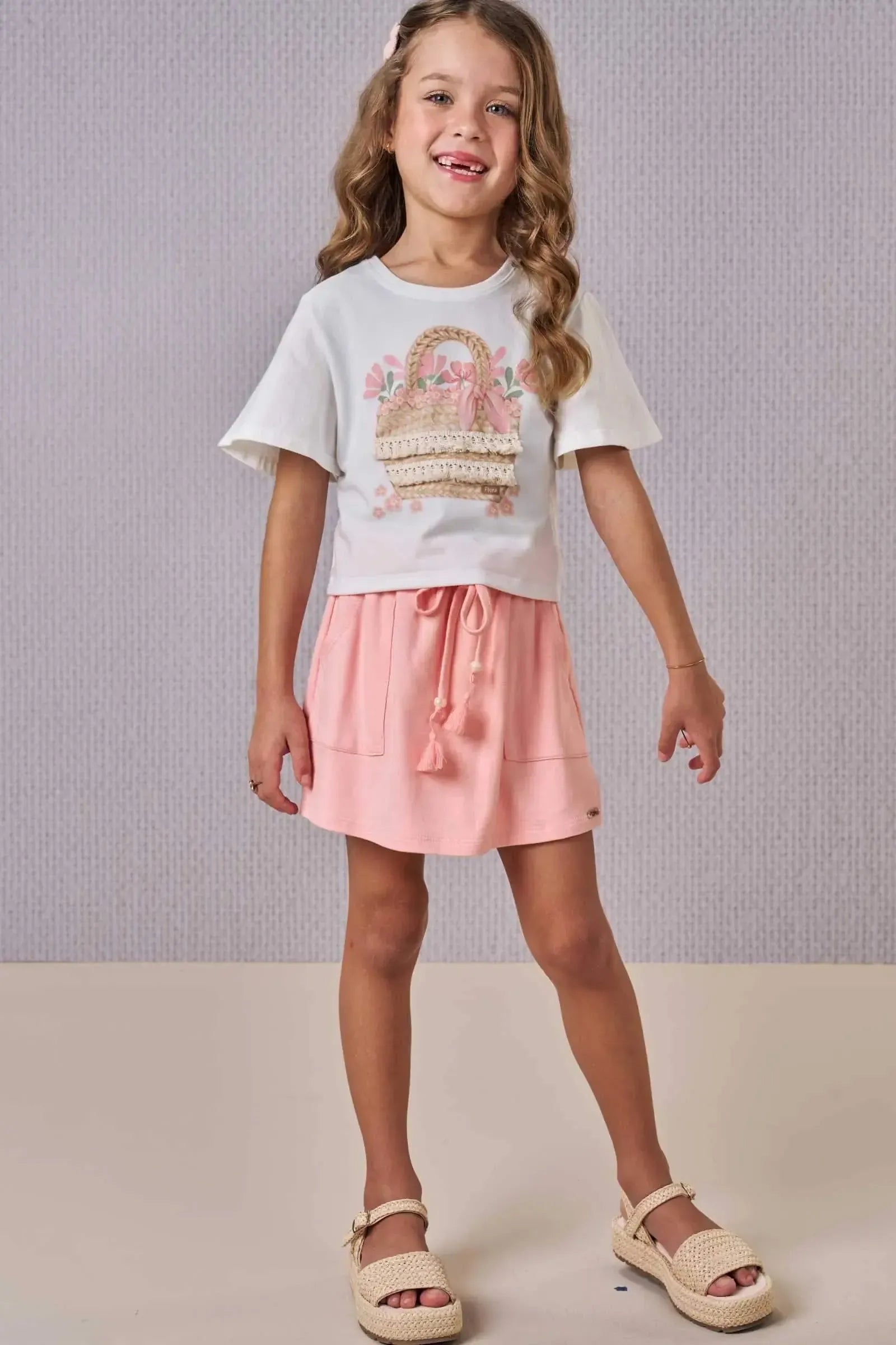 Conjunto de Blusa Boxy em Meia Malha e Short Saia em Molevisco 86523 Infanti Infantil Menina