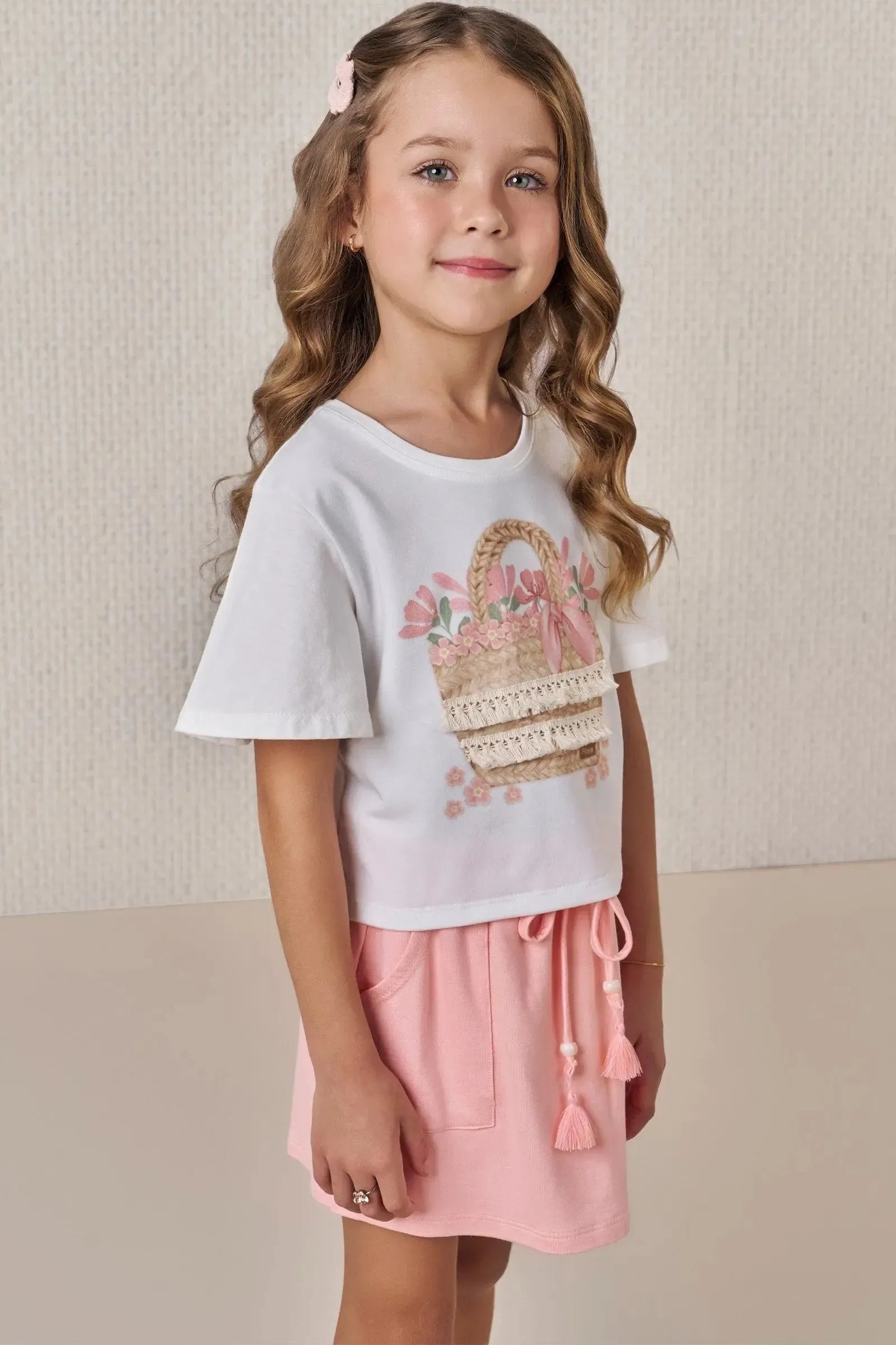 Conjunto de Blusa Boxy em Meia Malha e Short Saia em Molevisco 86523 Infanti Infantil Menina