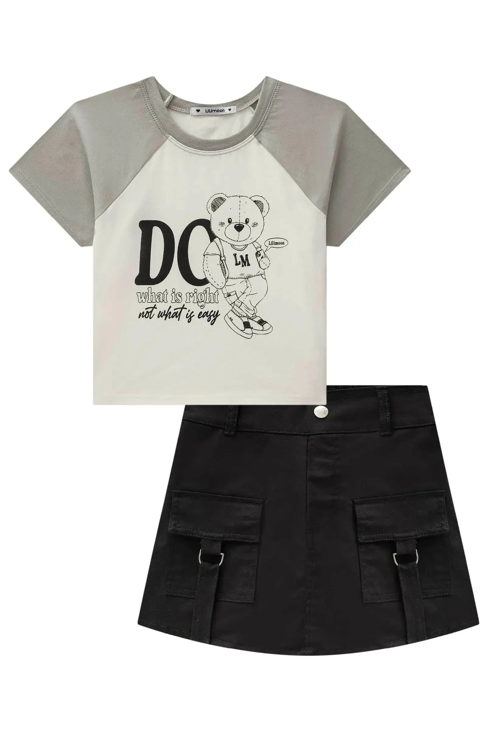 Conjunto de Blusa Boxy em Meia Malha e Short Saia em Sarja com Elastano 84310 Lilimoon Teen Menina