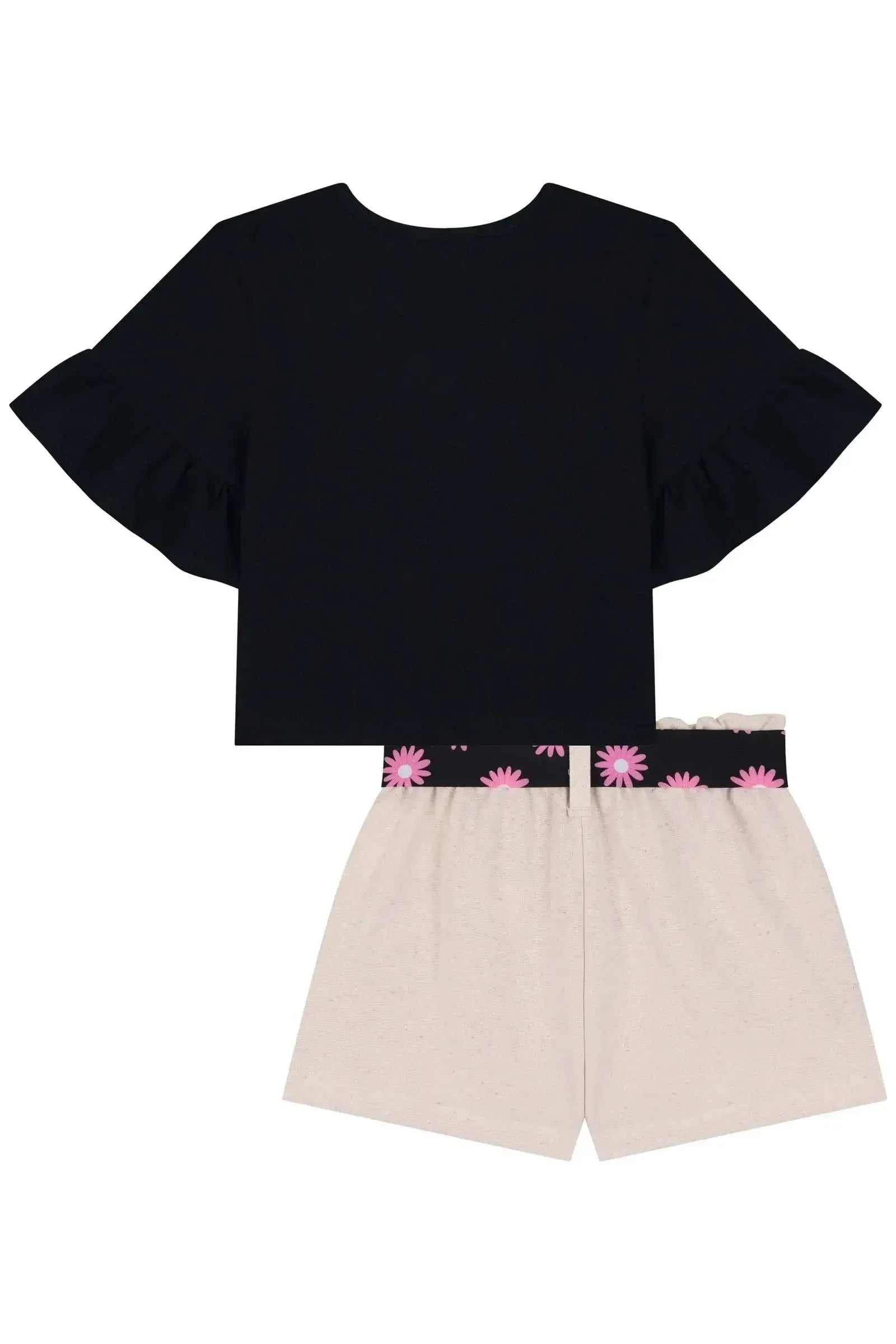 Conjunto de Blusa Boxy em Meia Malha e Shorts em Moletom sem Pelúcia 85084 Kukiê Infantil Menina