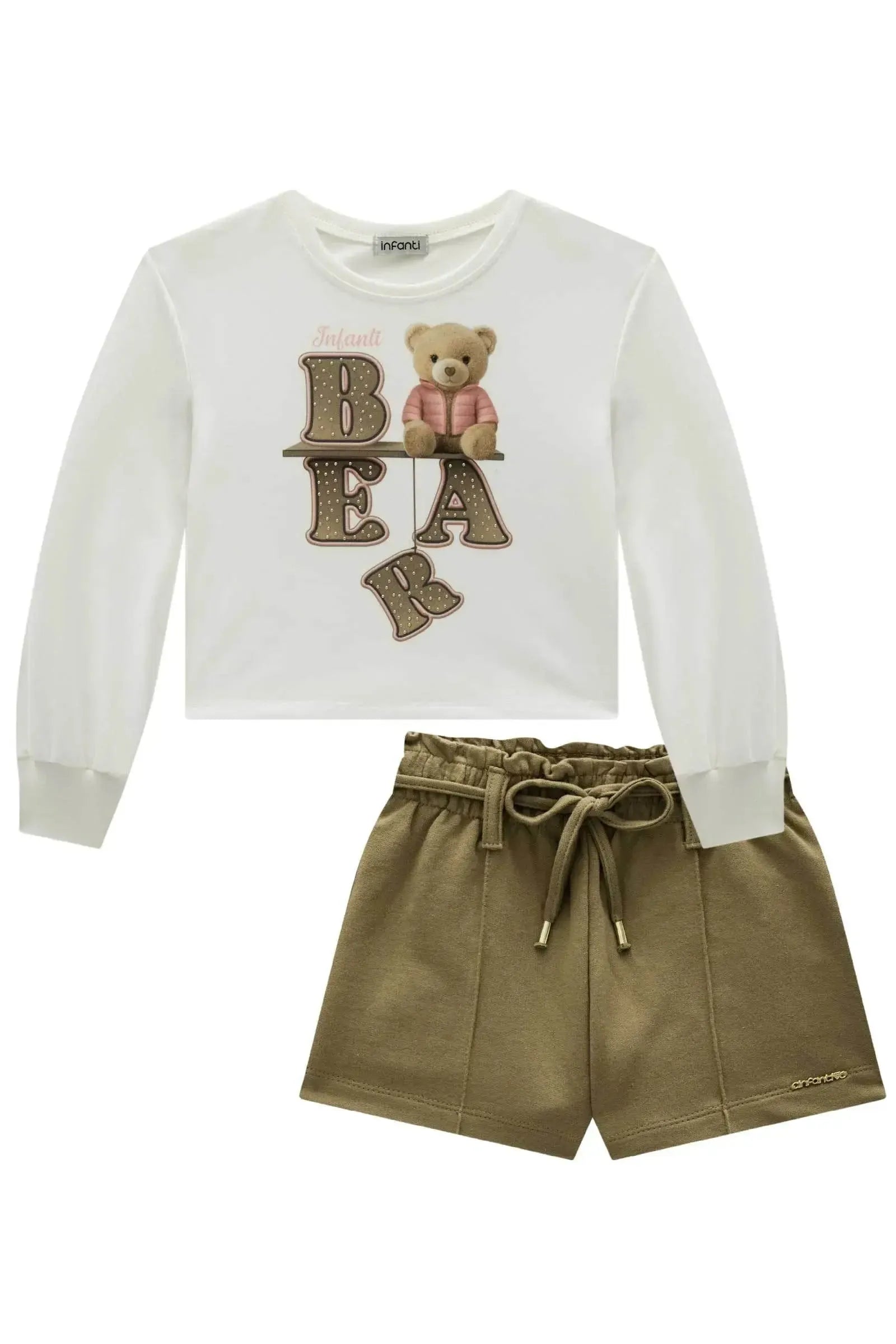 Conjunto de Blusa Boxy em Meia Malha e Shorts em Moletom sem Pelúcia 92631 Infanti Infantil Menina