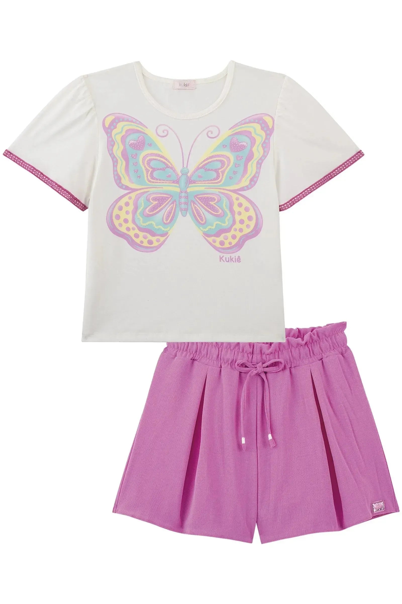 Conjunto de Blusa Boxy em Meia Malha e Shorts em Tecido Air Flow 93637 Kukiê Infantil Menina