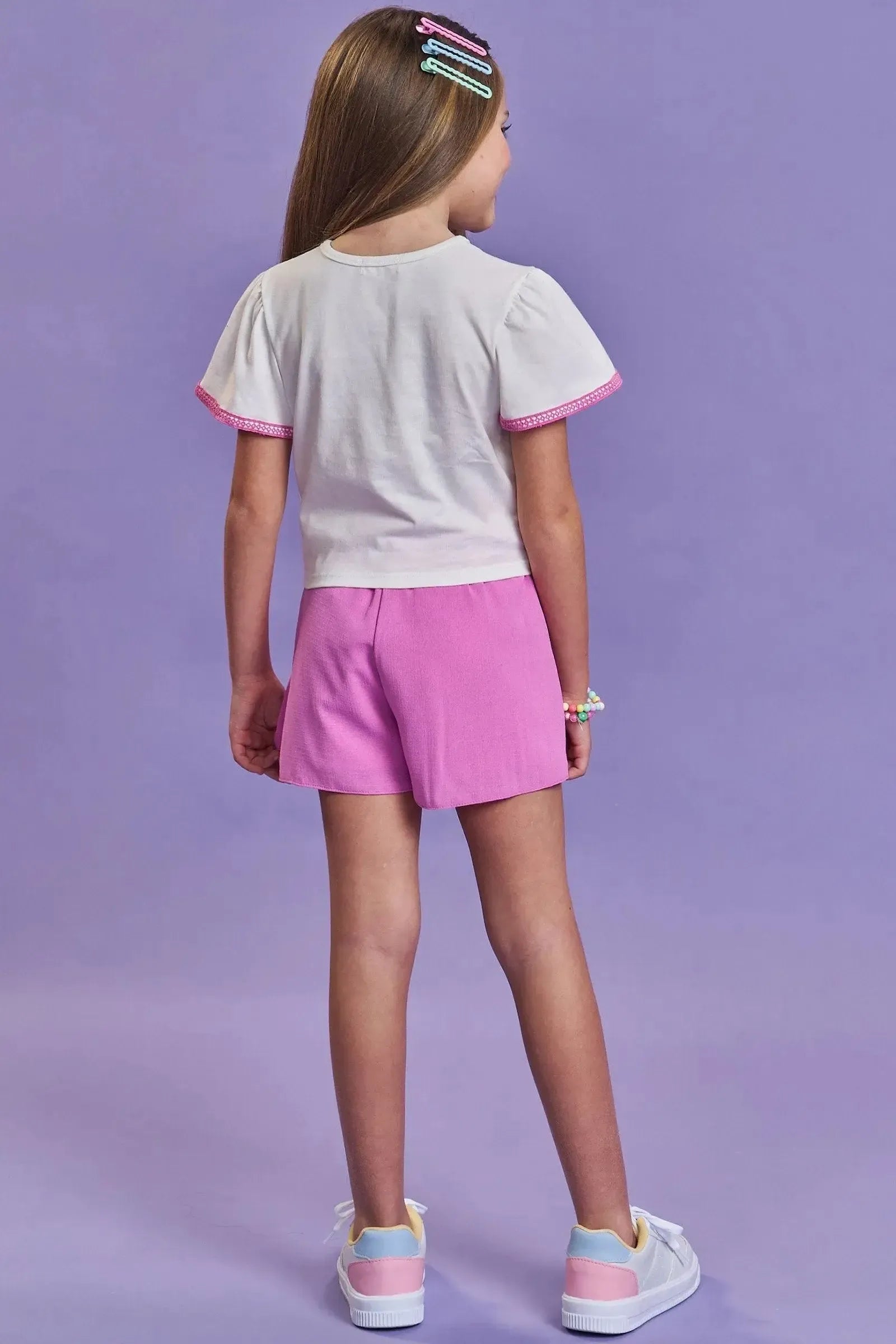 Conjunto de Blusa Boxy em Meia Malha e Shorts em Tecido Air Flow 93637 Kukiê Infantil Menina