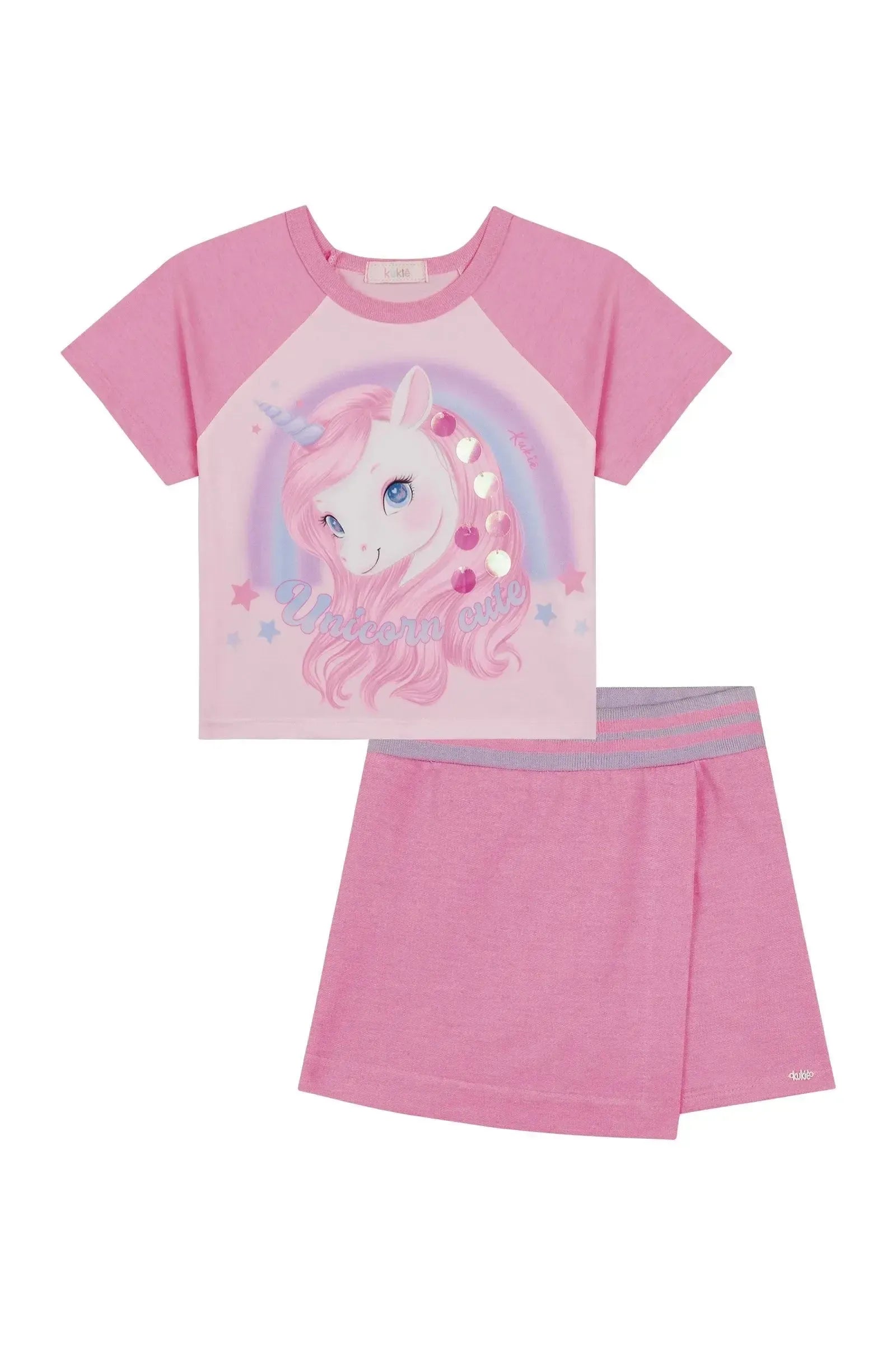 Conjunto de Blusa Boxy em Meia Malha e Shorts Saia em Moletom sem Pelúcia 88334 Kukiê Infantil Menina