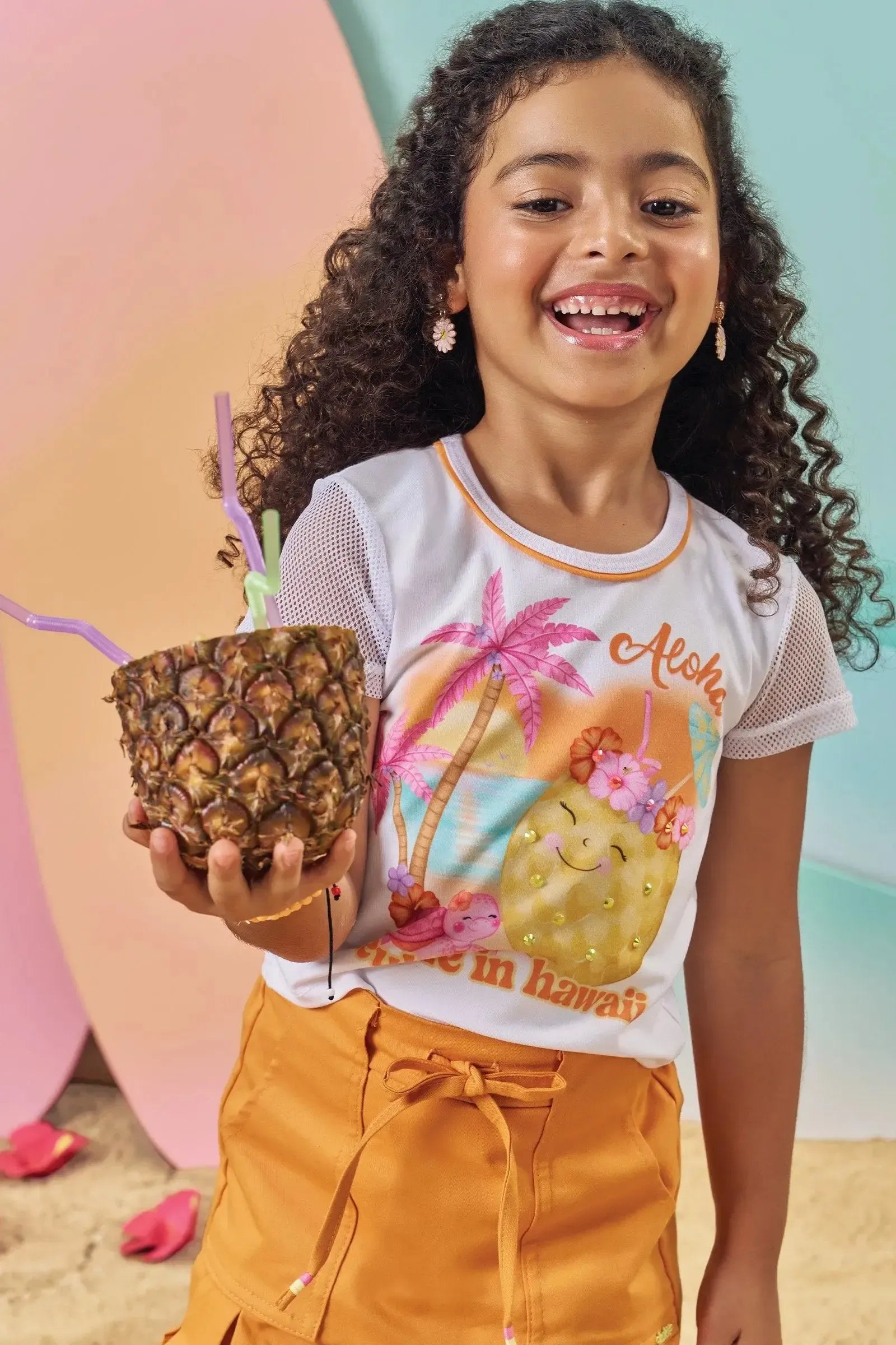 Conjunto de Blusa Boxy em Meia Malha e Tela Fashion e Short Saia em Sarja com Elastano 83948 Kukiê Infantil Menina