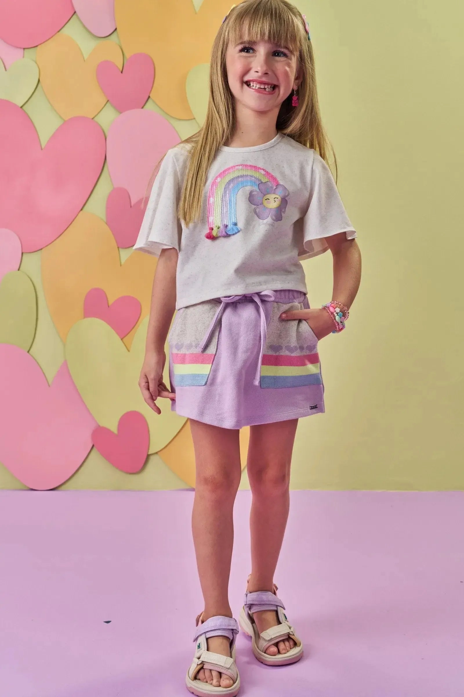 Conjunto de Blusa Boxy em Meia Power e Short Saia em Moletom sem Pelúcia 88893 Infanti Infantil Menina