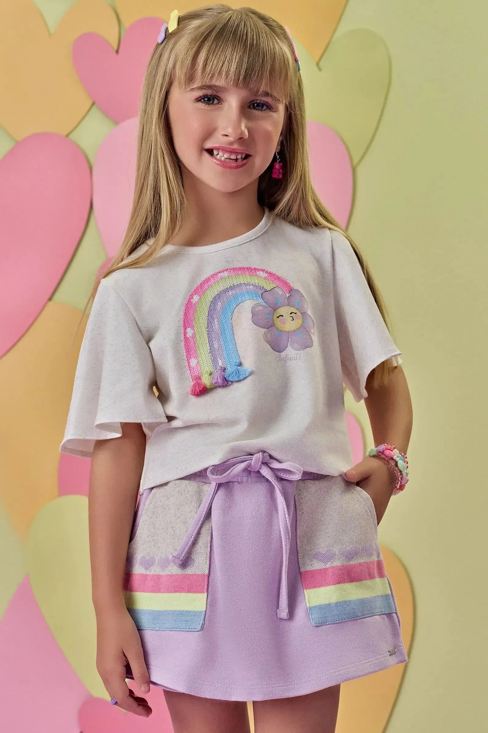 Conjunto de Blusa Boxy em Meia Power e Short Saia em Moletom sem Pelúcia 88893 Infanti Infantil Menina