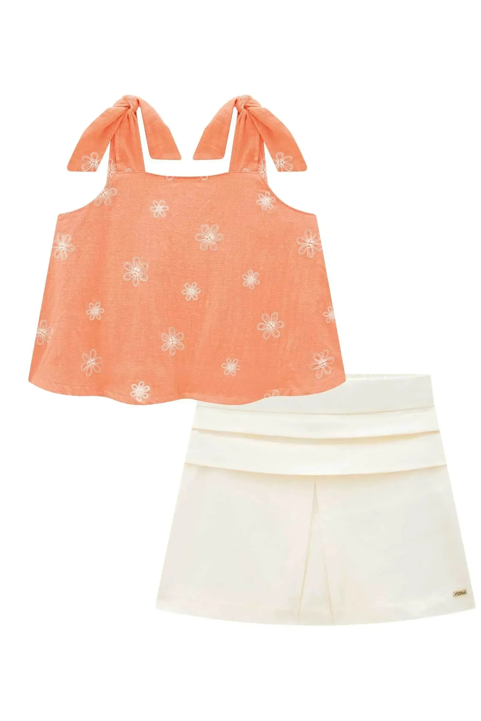 Conjunto de Blusa Boxy em Tricoline Bordado e Short Saia em Sarja com Elastano 86535 Infanti Infantil Menina