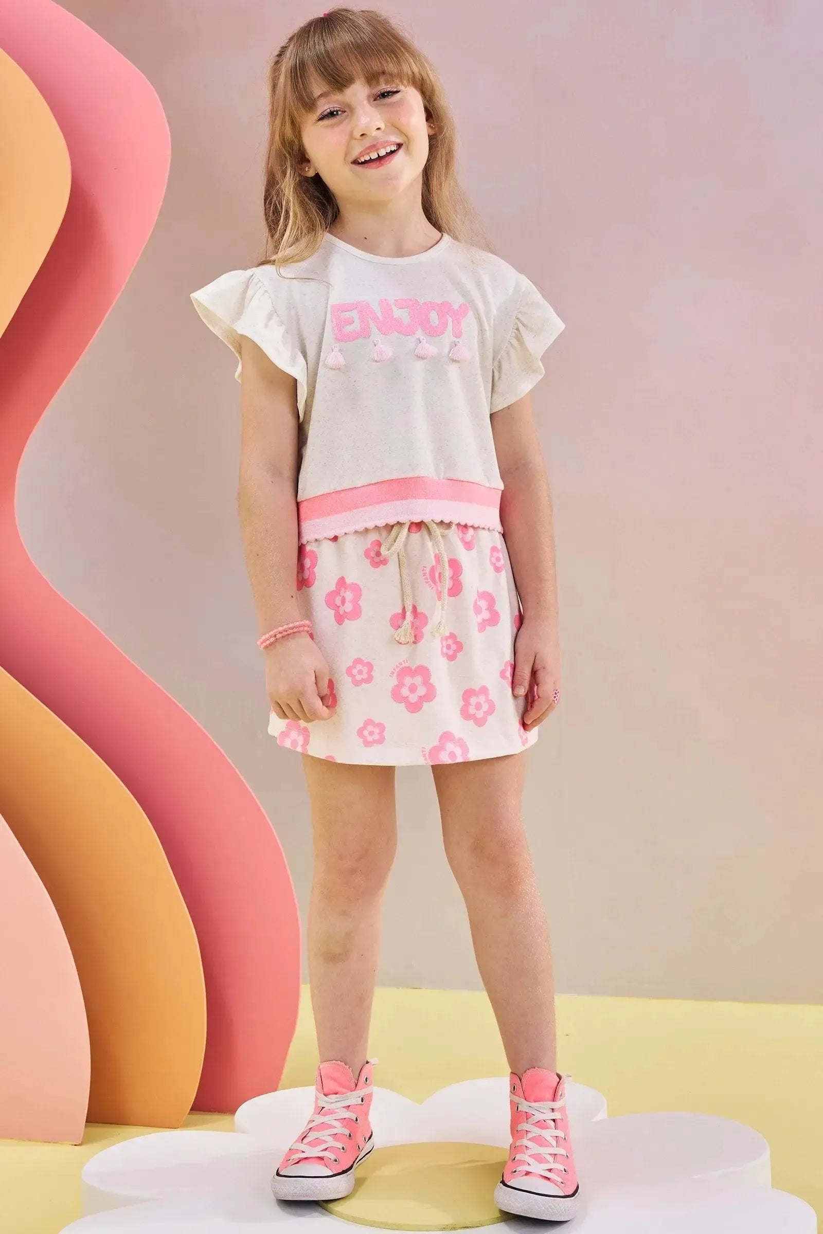 Conjunto de Blusa Boxy Over e Short Saia em Malha Power 83525 Infanti Infantil Menina
