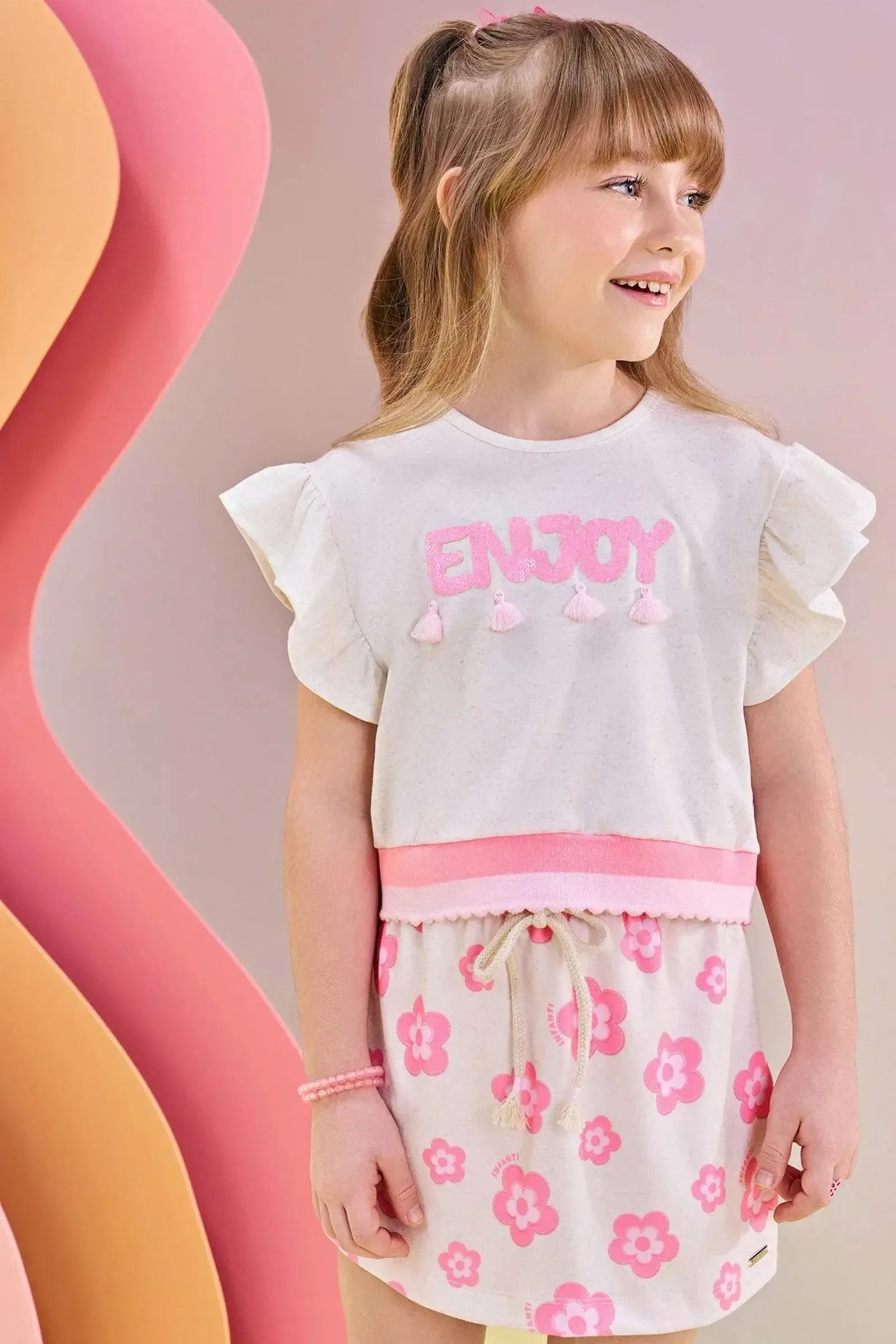 Conjunto de Blusa Boxy Over e Short Saia em Malha Power 83525 Infanti Infantil Menina