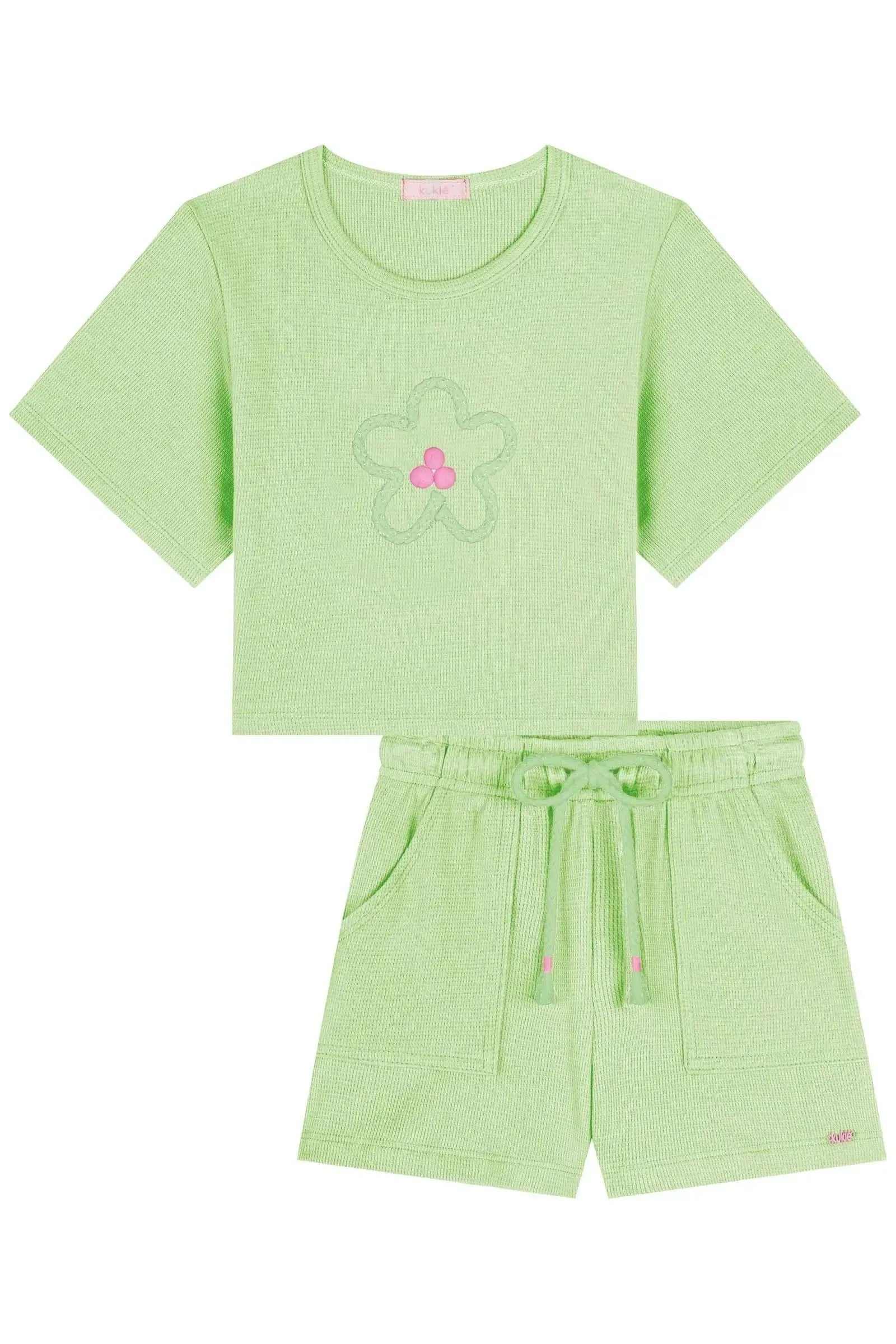 Conjunto de Blusa Boxy Over e Shorts em Malha Little Waffle 84569 Kukiê Infantil Menina