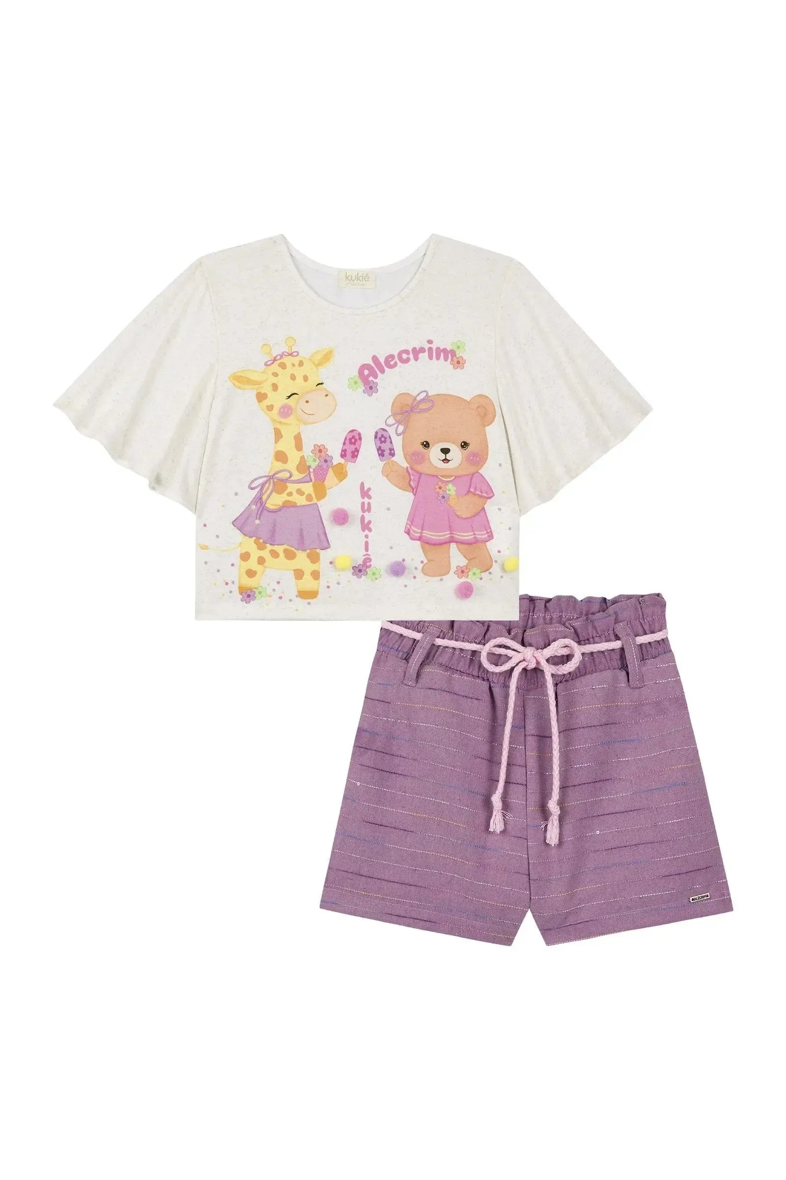 Conjunto de Blusa Boxy Over em Malha Fresh e Shorts em Linho Rajado 88943 Kukiê Infantil Menina