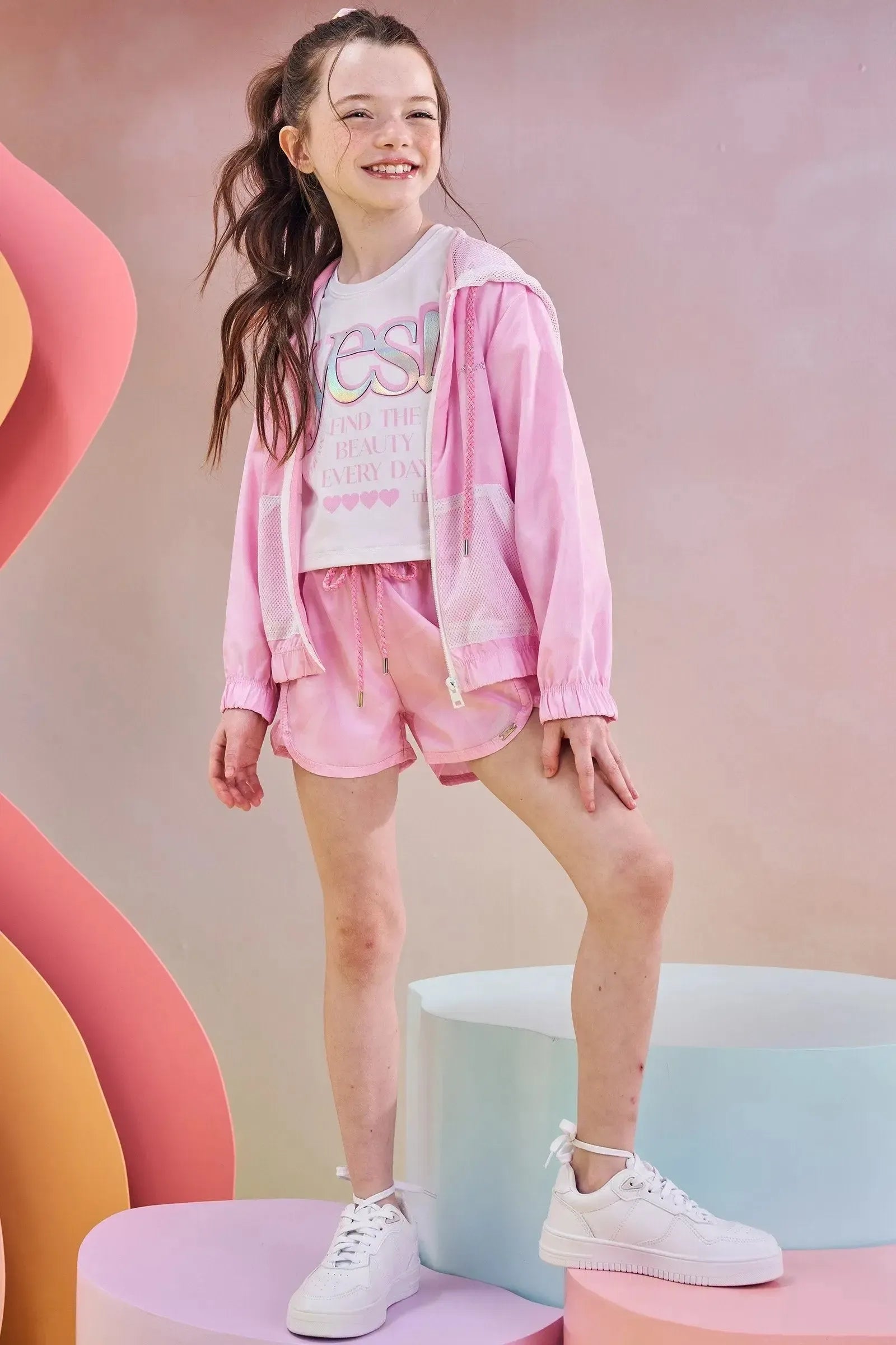 Conjunto de Blusa Boxy Over em Malha Power e Shorts em Nylon Aspen 83683 Infanti Infantil Menina