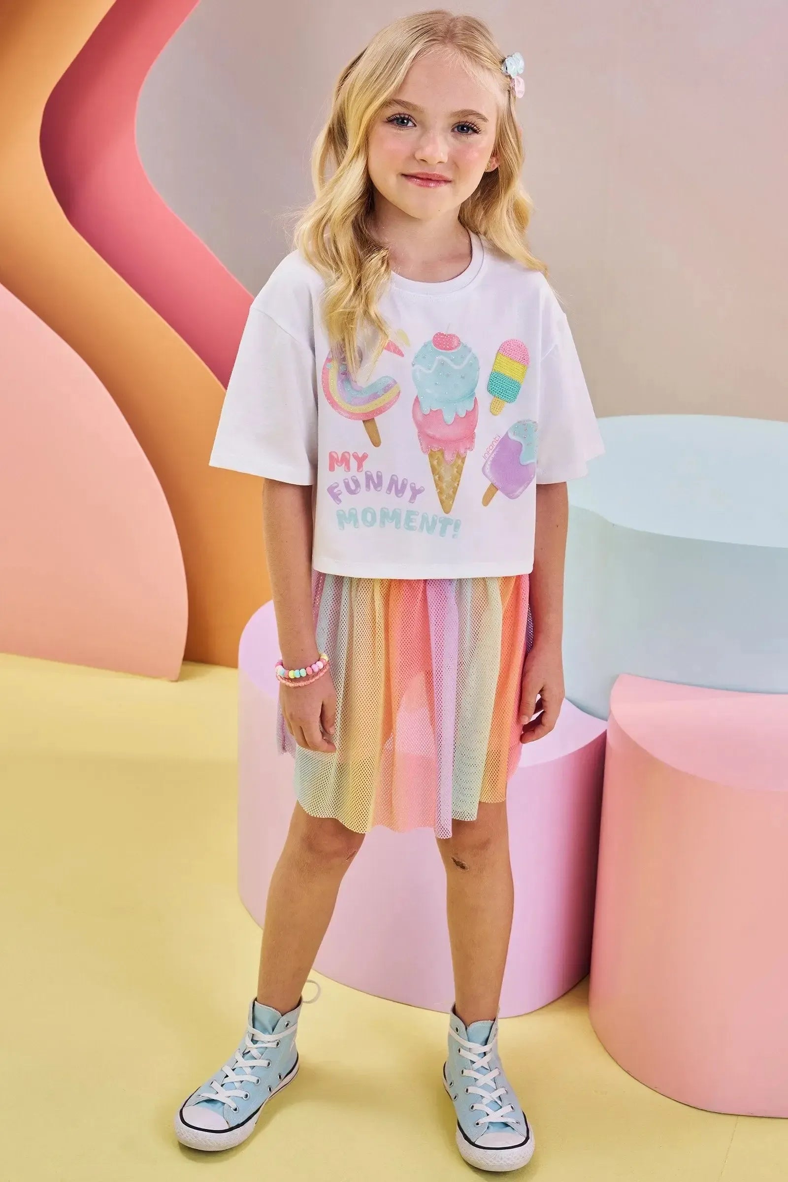 Conjunto de Blusa Boxy Over em Meia Malha e Saia em Tela. Com Shorts Embutido 83459 Infanti Infantil Menina