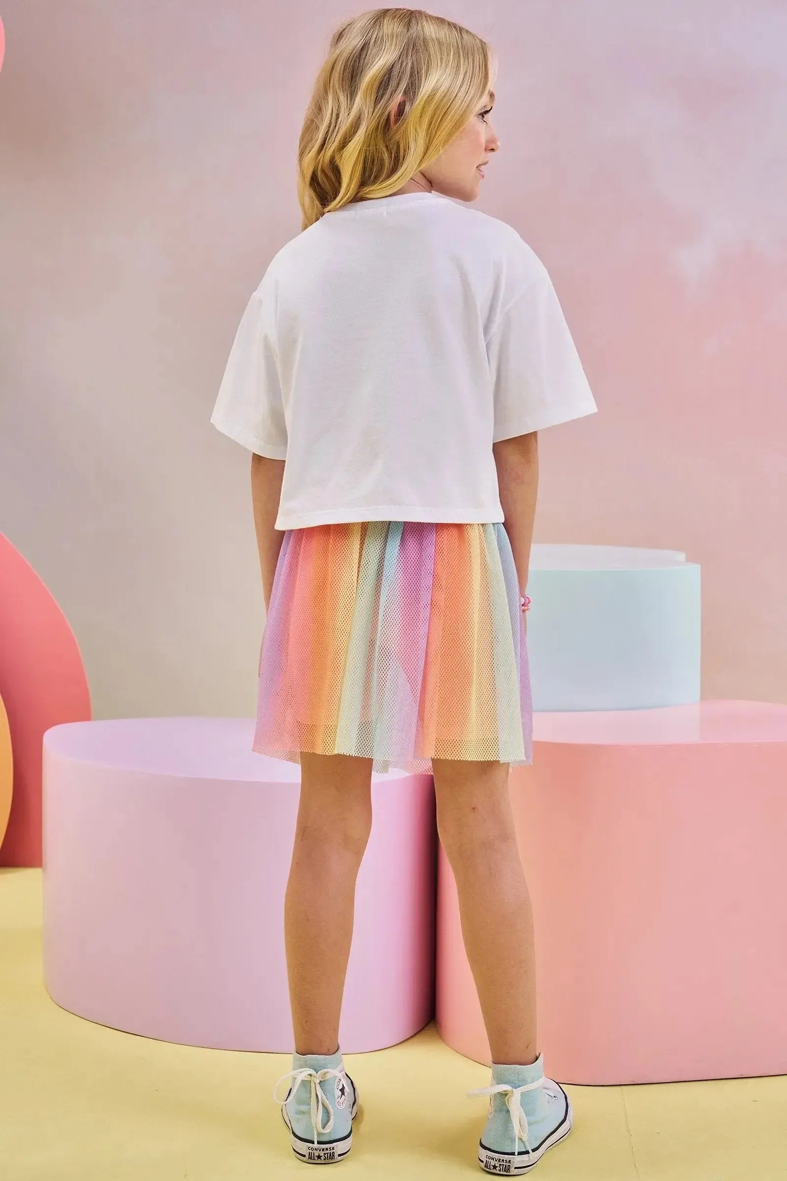 Conjunto de Blusa Boxy Over em Meia Malha e Saia em Tela. Com Shorts Embutido 83459 Infanti Infantil Menina