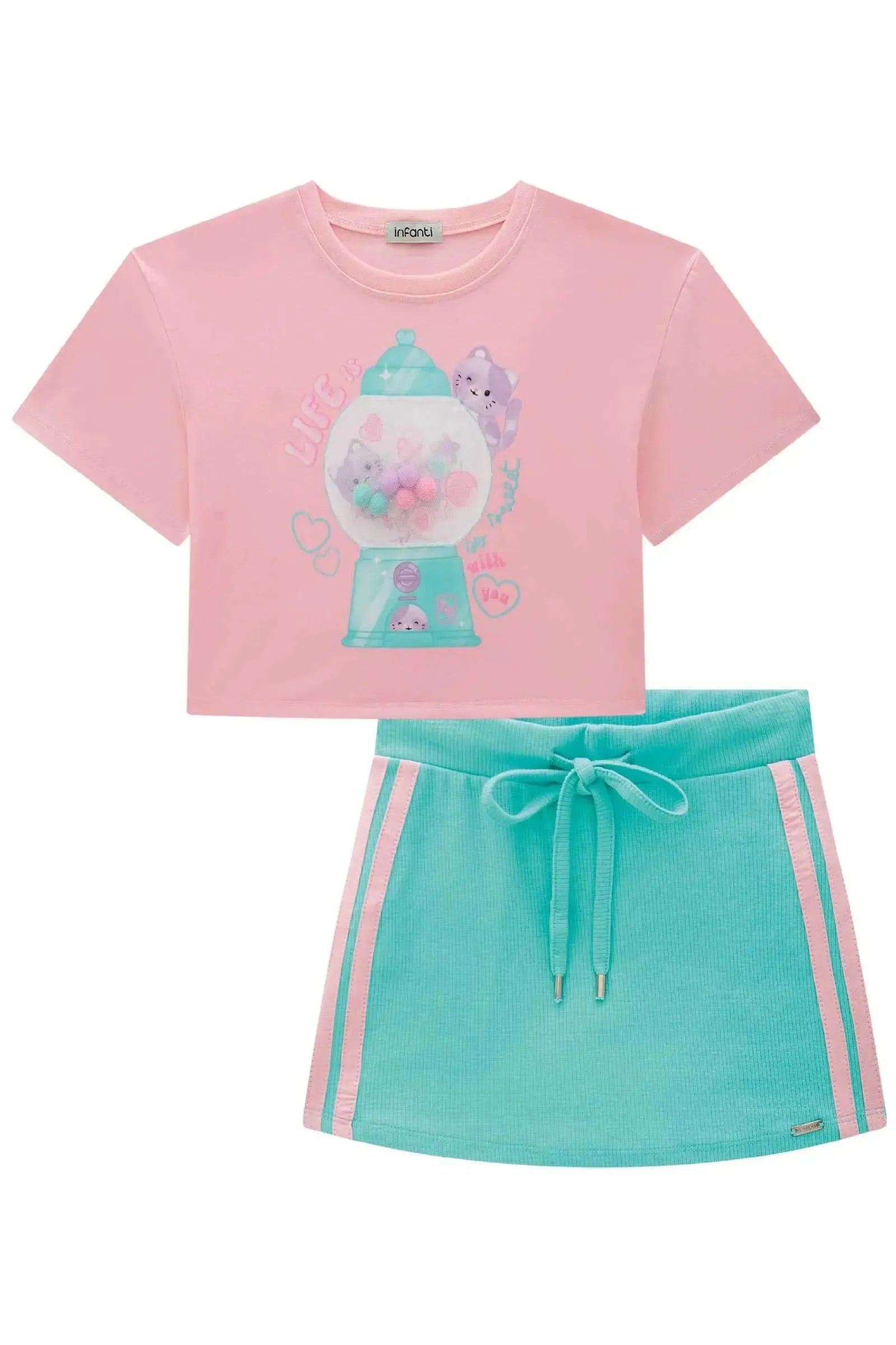 Conjunto de Blusa Boxy Over em Meia Malha e Short Saia em Canelado Liz 87185 Infanti Infantil Menina