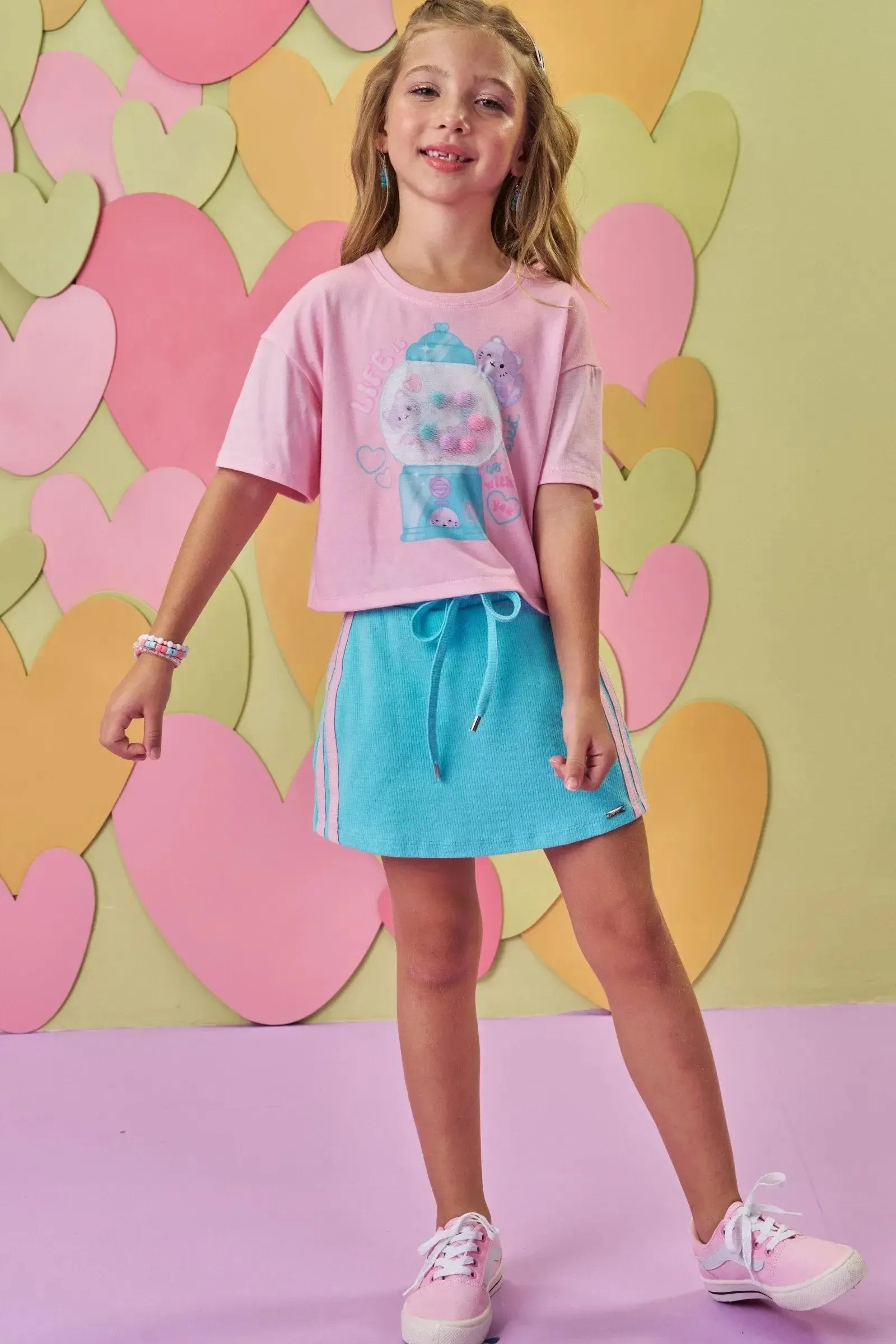 Conjunto de Blusa Boxy Over em Meia Malha e Short Saia em Canelado Liz 87185 Infanti Infantil Menina
