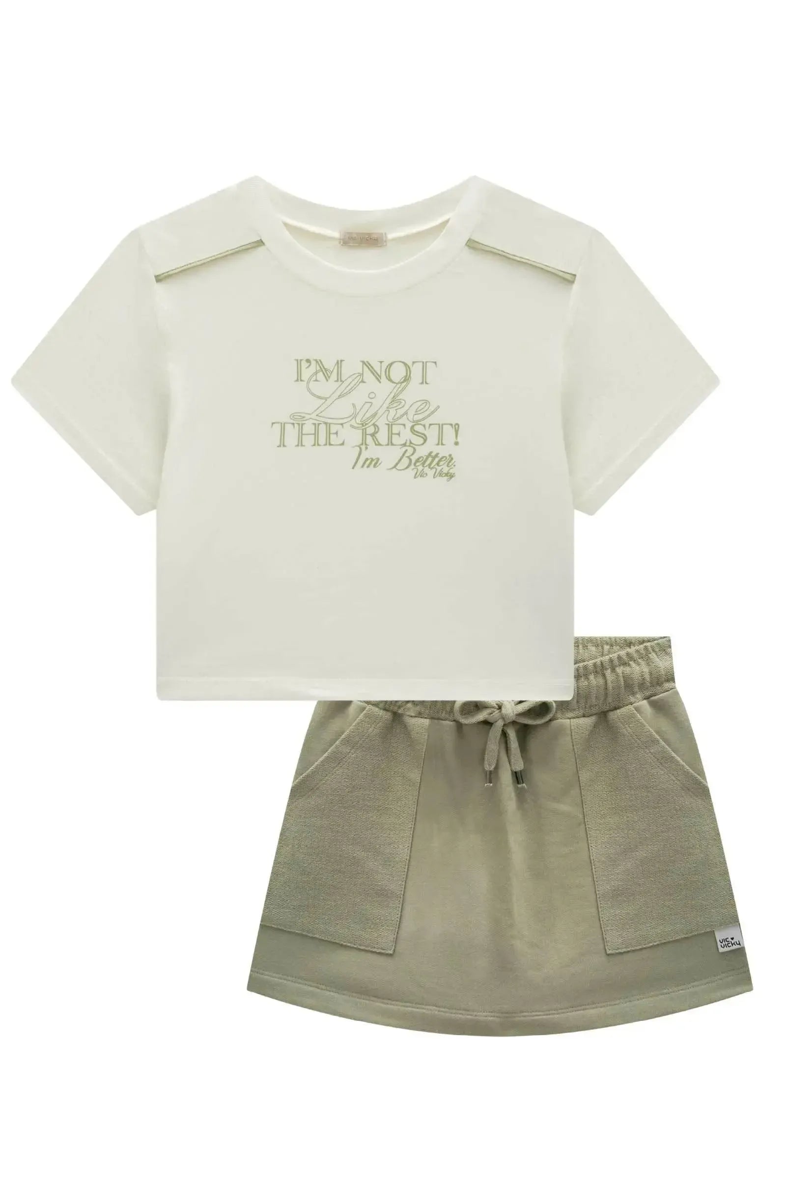 Conjunto de Blusa Boxy Over em Meia Malha e Short Saia em Moletom sem Pelúcia 86729 Vic&Vicky Teen Menina