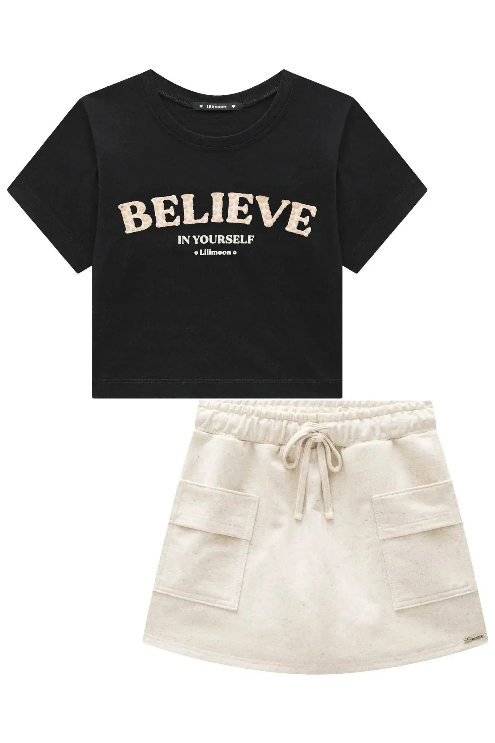 Conjunto de Blusa Boxy Over em Meia Malha e Short Saia em Moletom sem Pelúcia 92688 Lilimoon Teen Menina