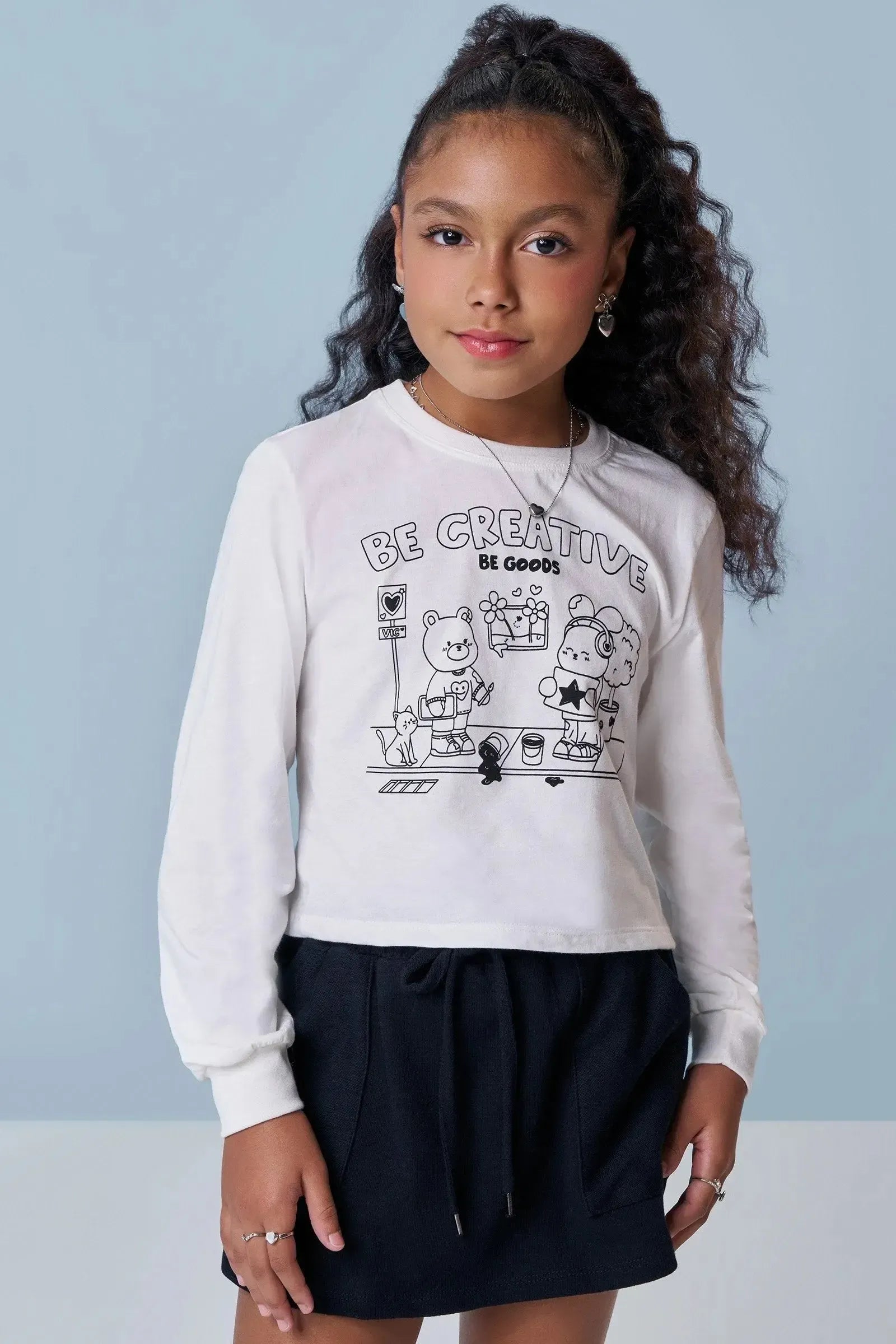 Conjunto de Blusa Boxy Over em Meia Malha e Short Saia em Moletwill 92182 Vic&Vicky Teen Menina