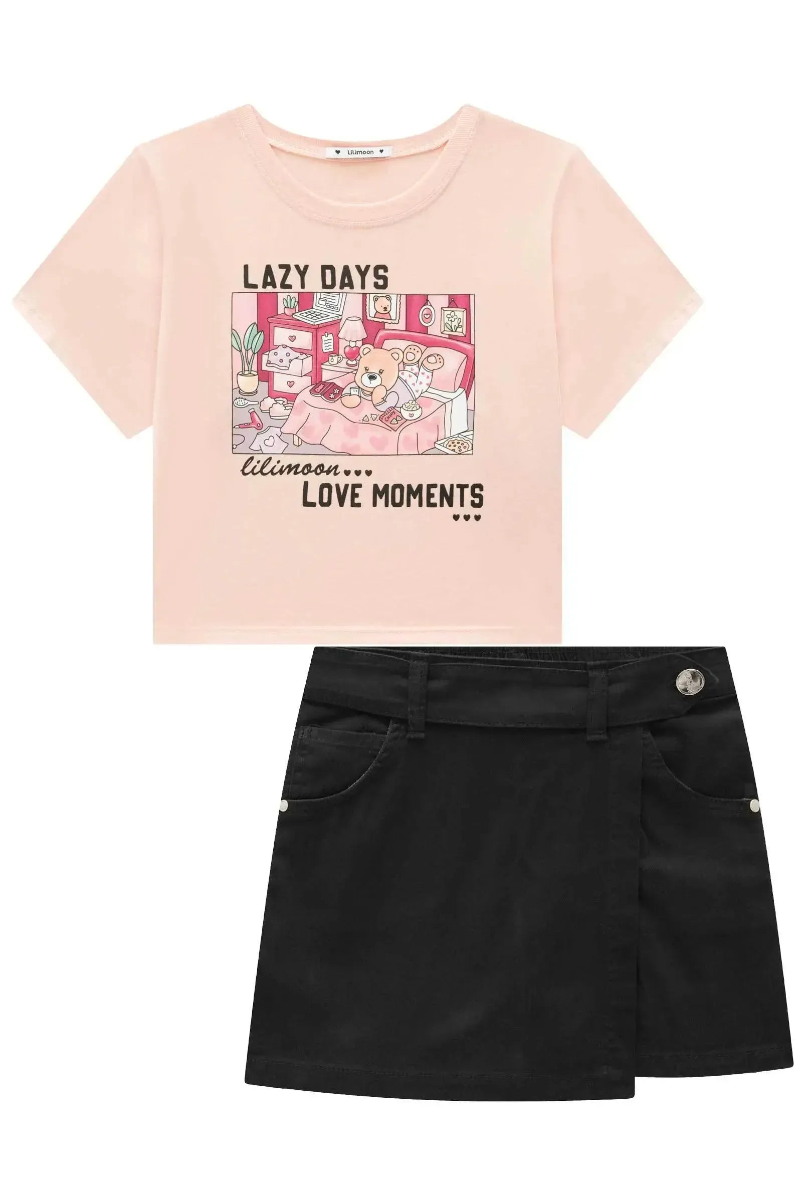 Conjunto de Blusa Boxy Over em Meia Malha e Short Saia em Sarja com Elastano 93288 Lilimoon Teen Menina