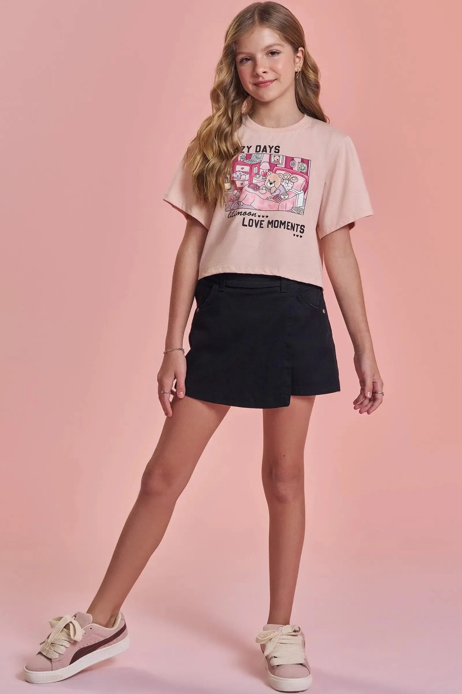 Conjunto de Blusa Boxy Over em Meia Malha e Short Saia em Sarja com Elastano 93288 Lilimoon Teen Menina