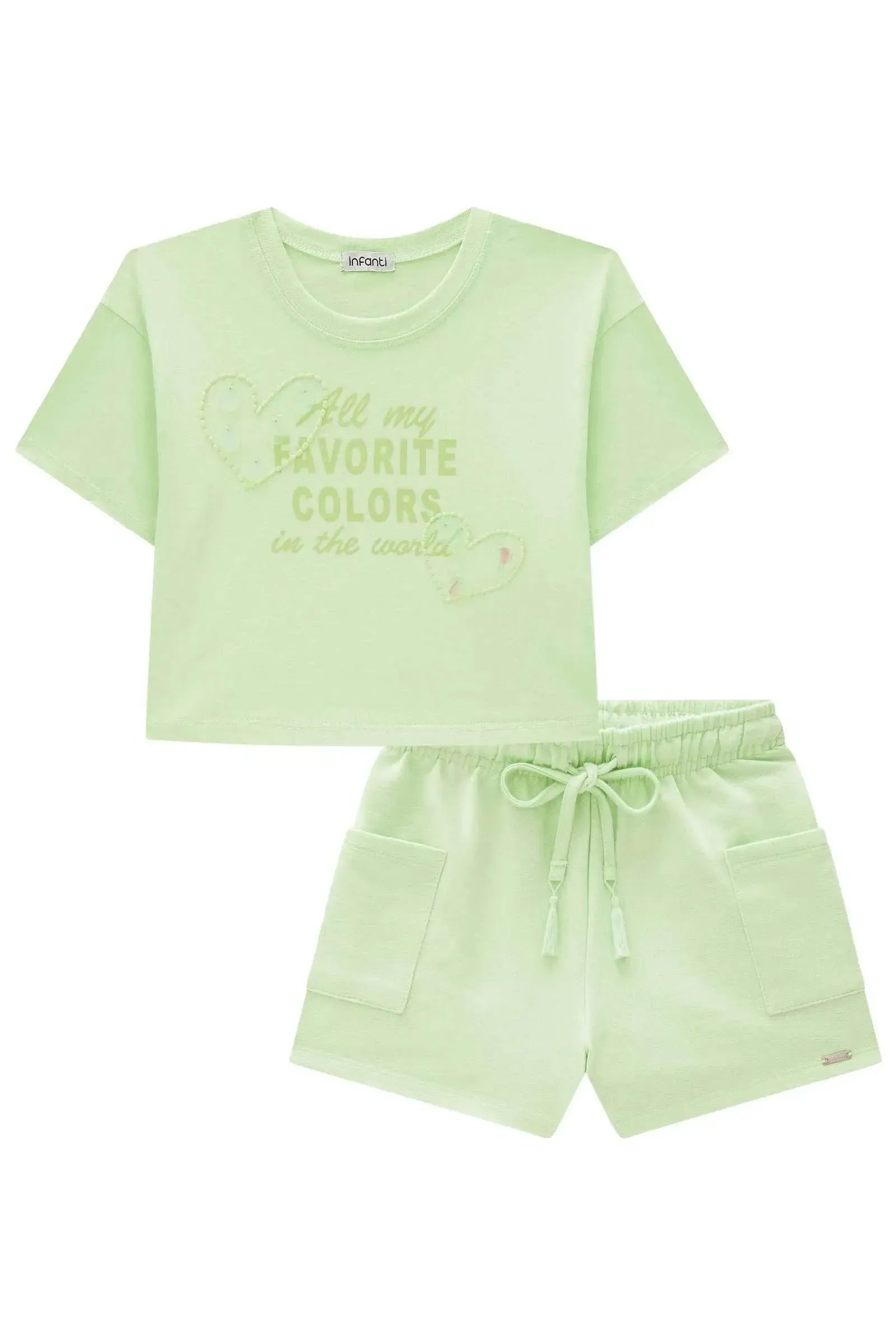 Conjunto de Blusa Boxy Over em Meia Malha e Shorts em Moletom sem Pelúcia 83115 Infanti Infantil Menina