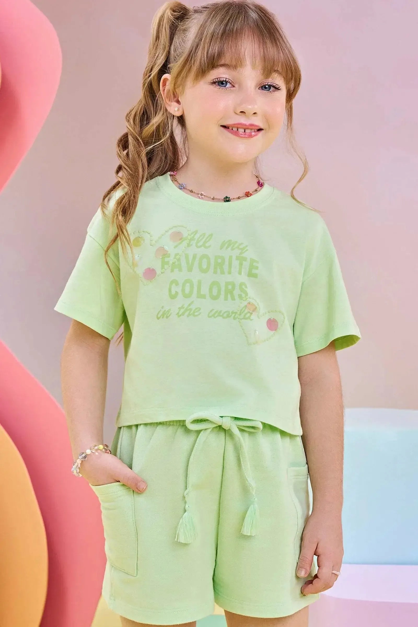 Conjunto de Blusa Boxy Over em Meia Malha e Shorts em Moletom sem Pelúcia 83115 Infanti Infantil Menina